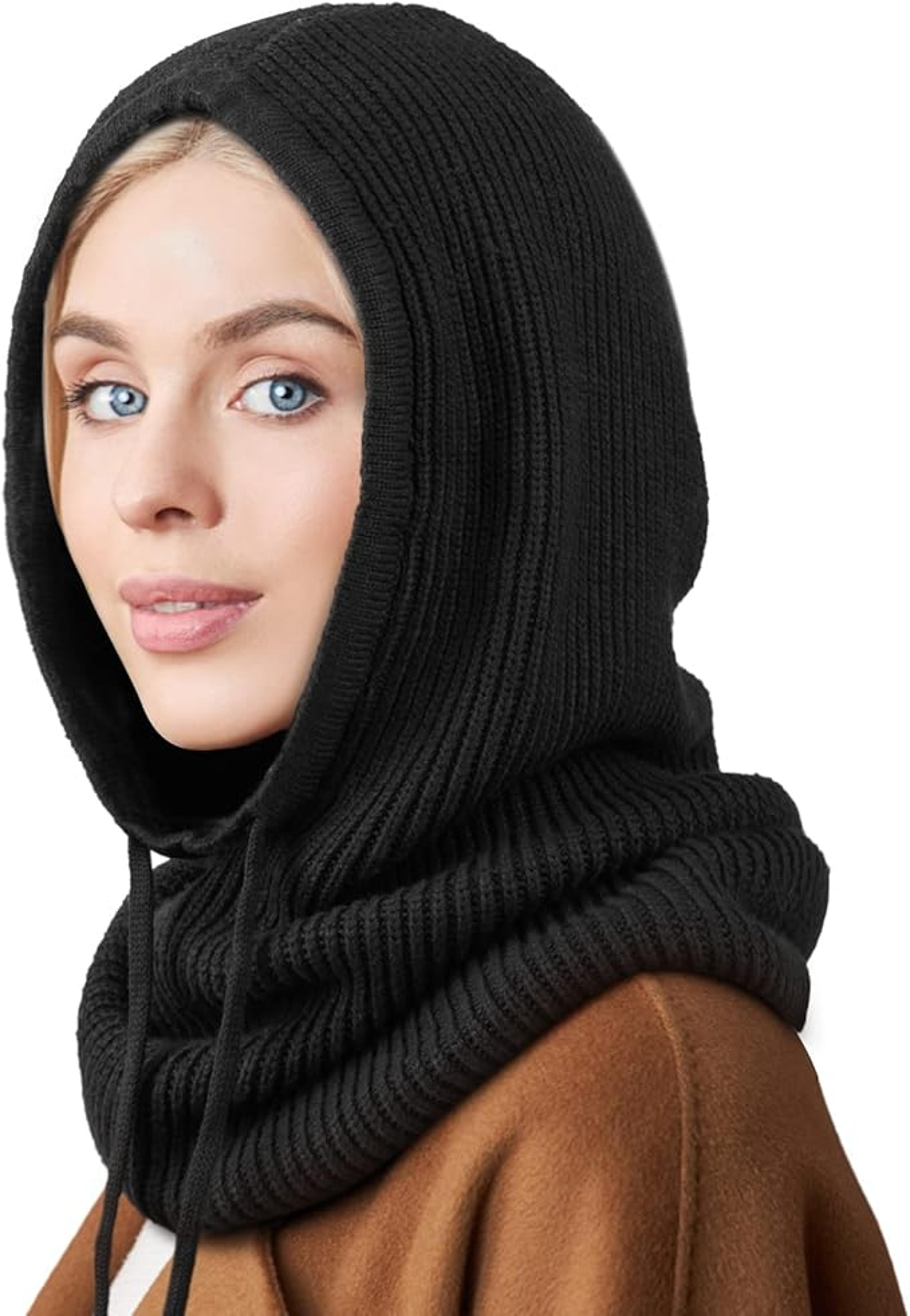 cozy knit balaclava hooded scarf with adjustable drawstring winter hood for women