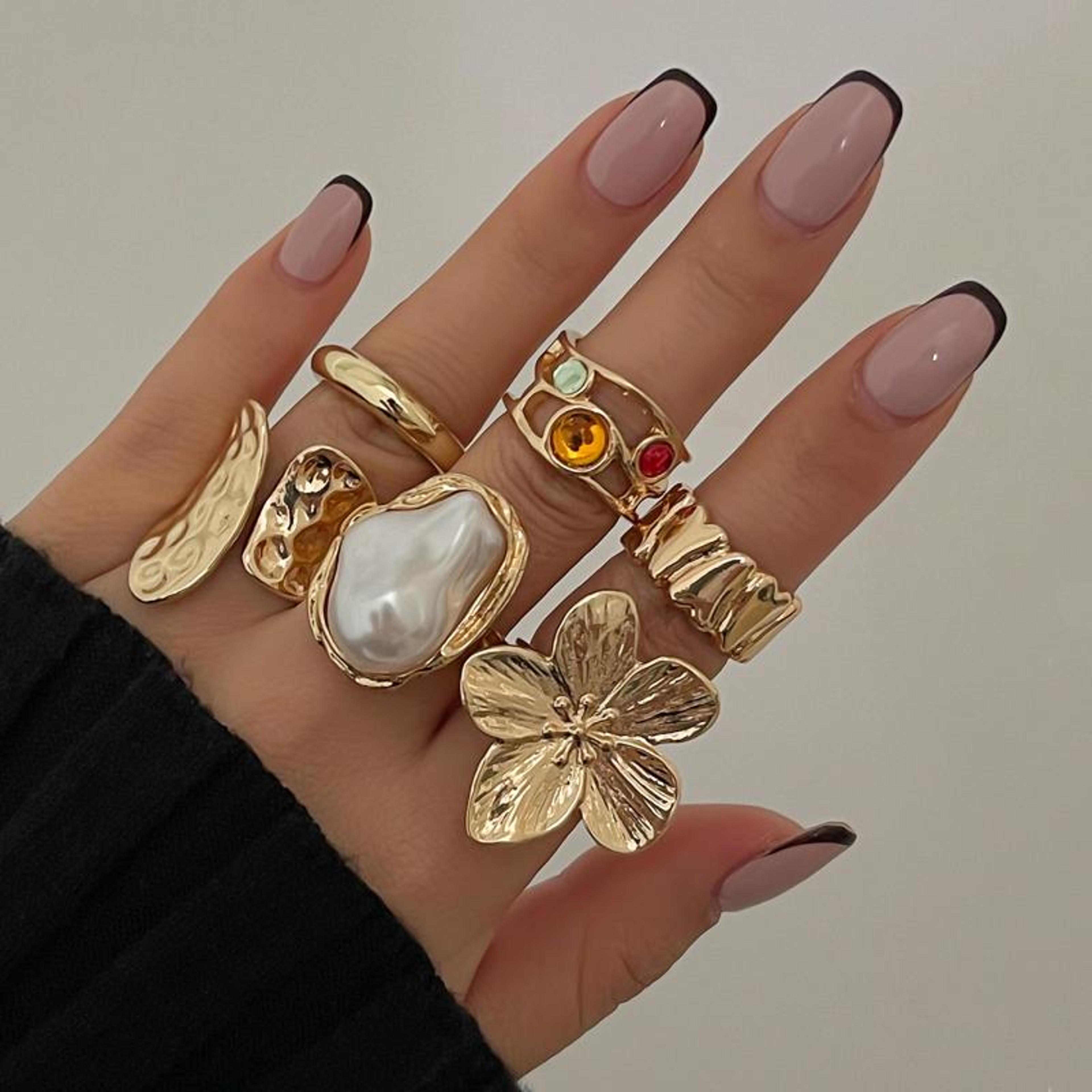 elegant flower ring gold crystal pearl ring adjustable open ring for women
