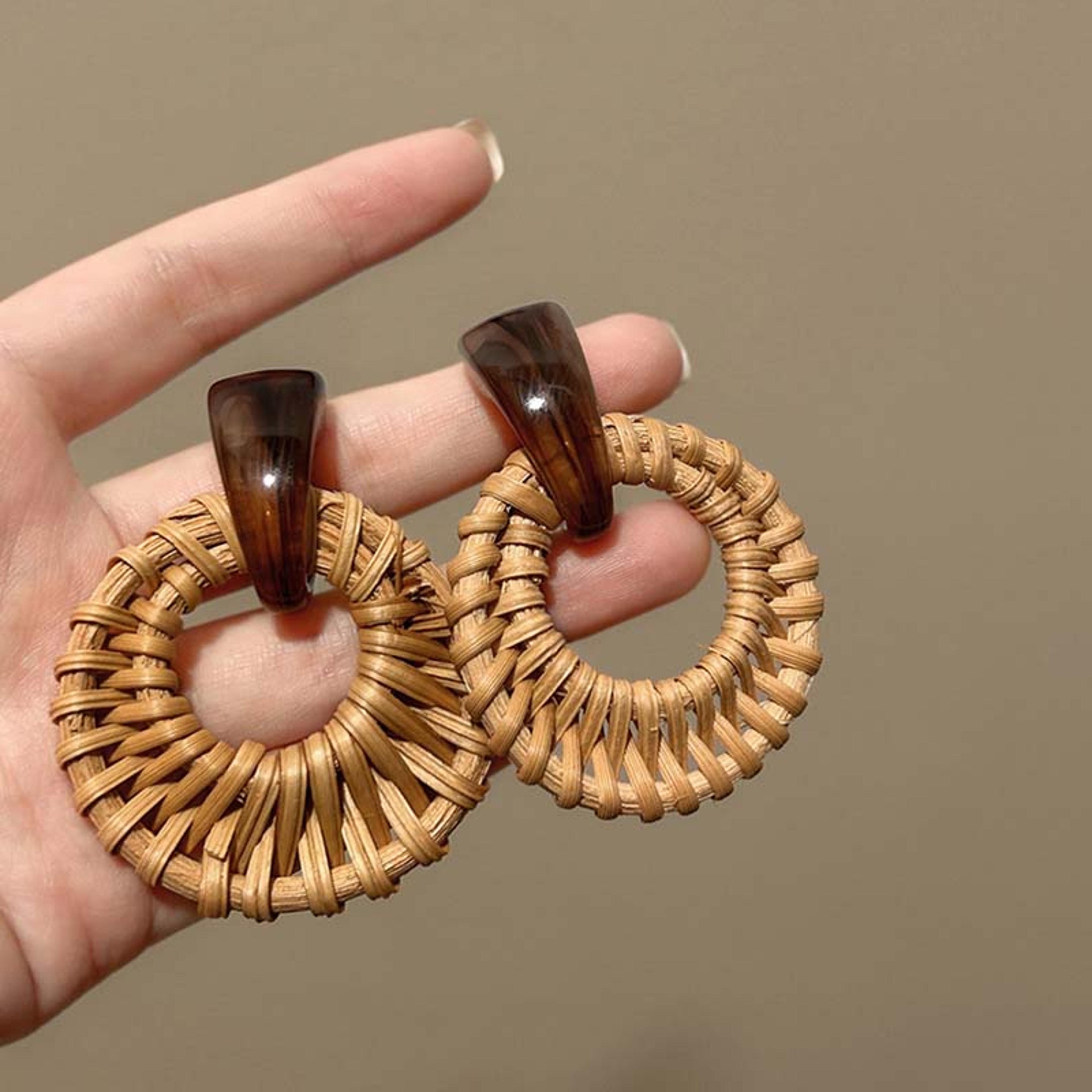 vintage rattan earrings boho woven hoop statement earrings for women
