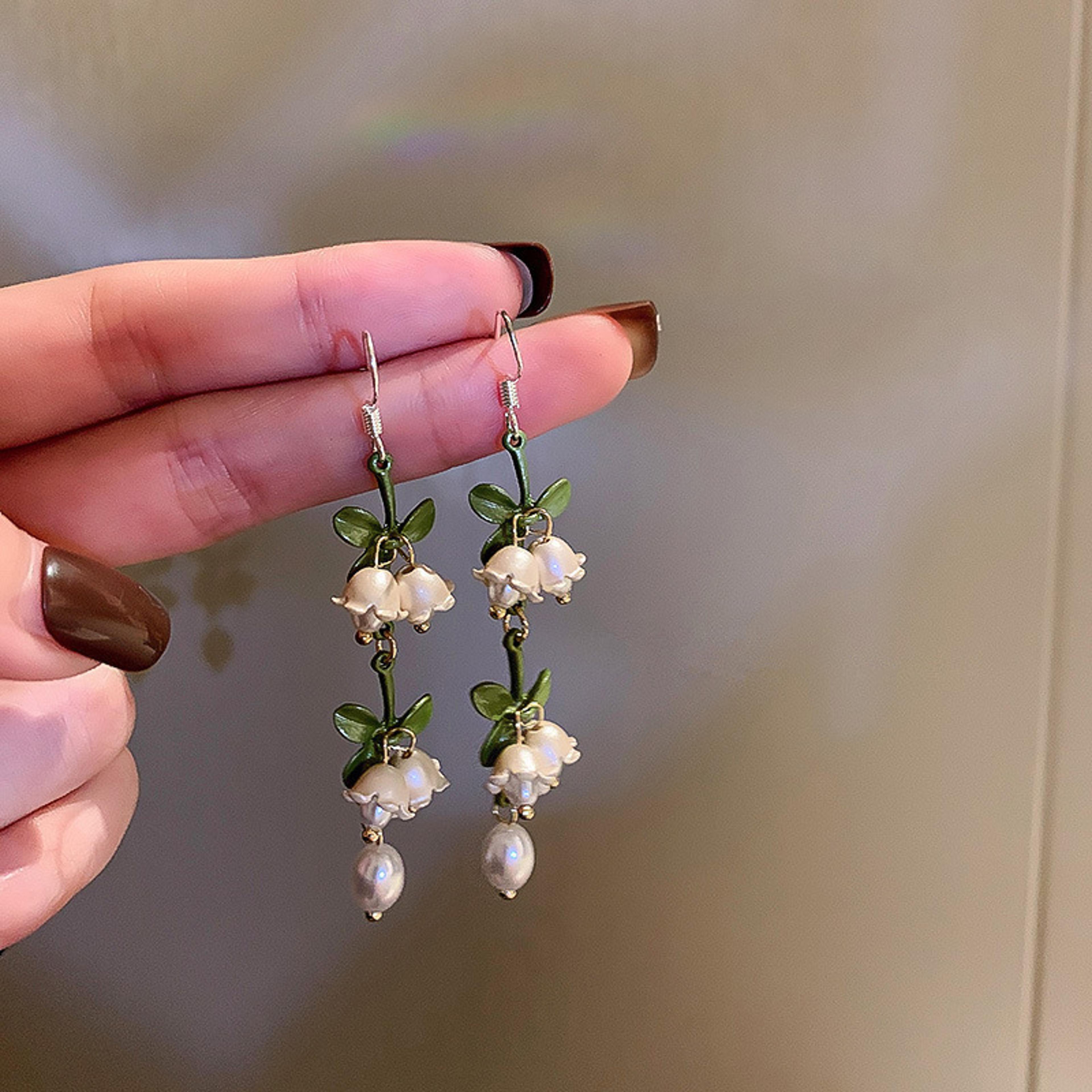 elegant lily of the valley earrings with pearl drop floral ear hooks for women