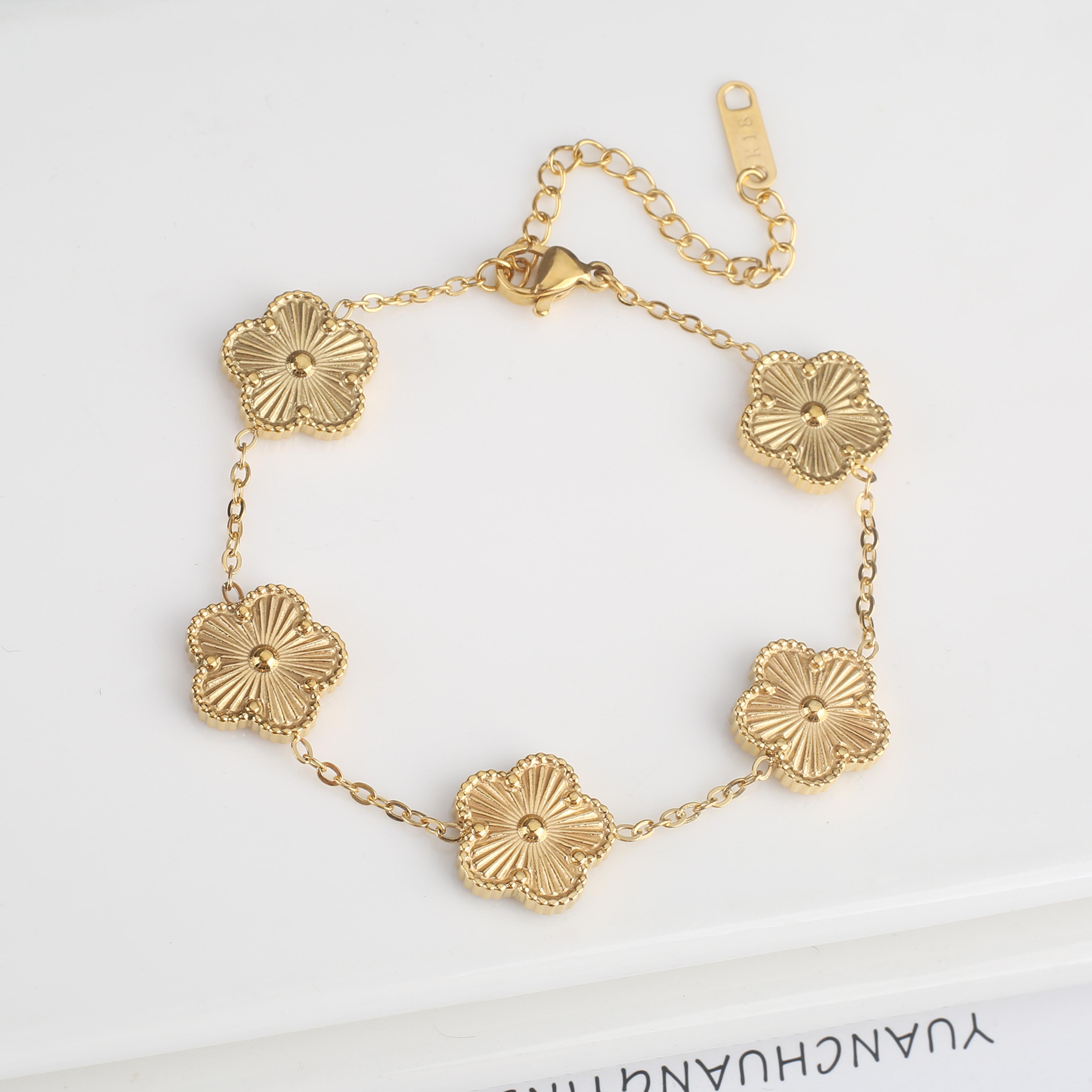 lucky clover bracelet adjustable stainless steel bracelet for women with five petal flower design