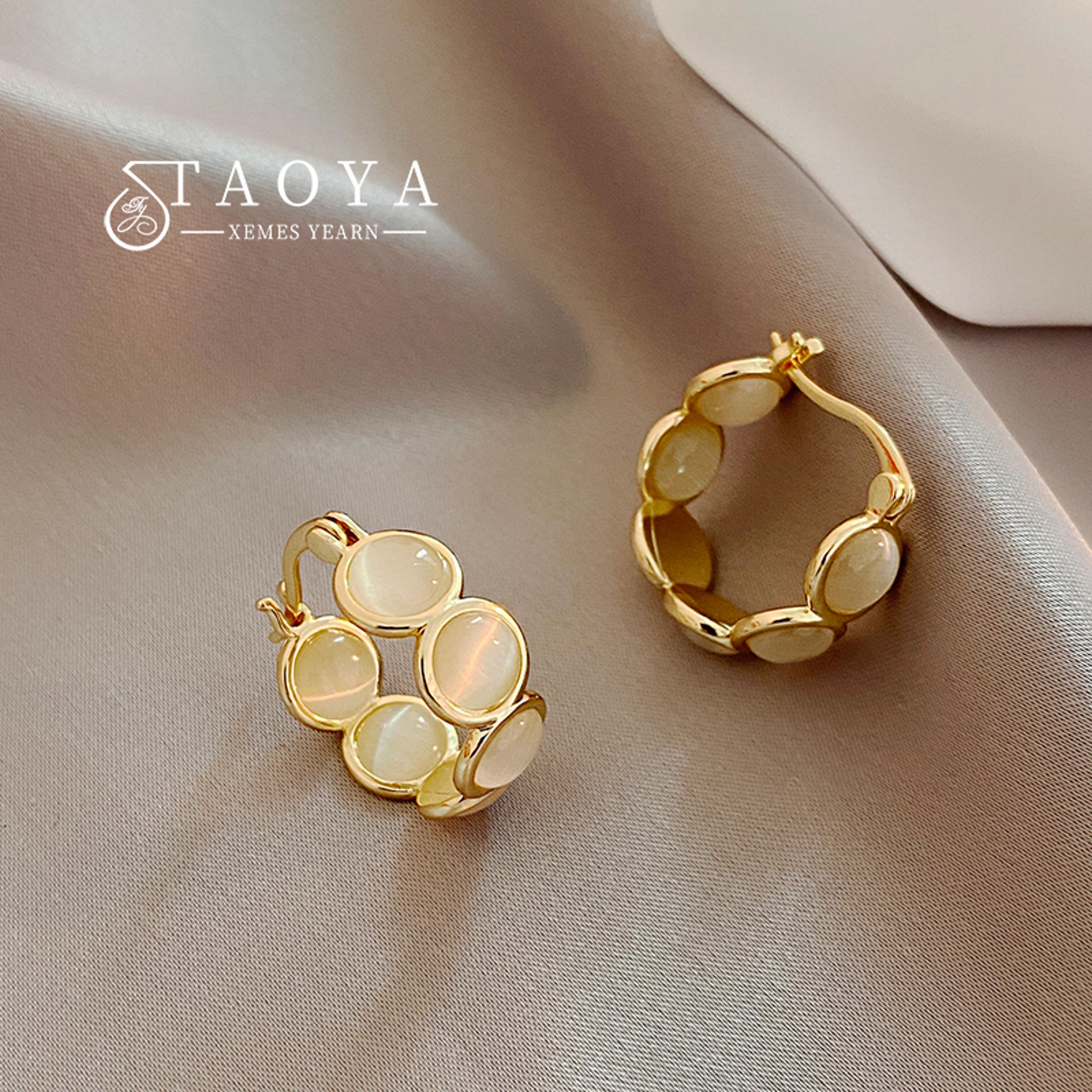 elegant opal hoop earrings for women korean round hoop earrings with white & green opal design