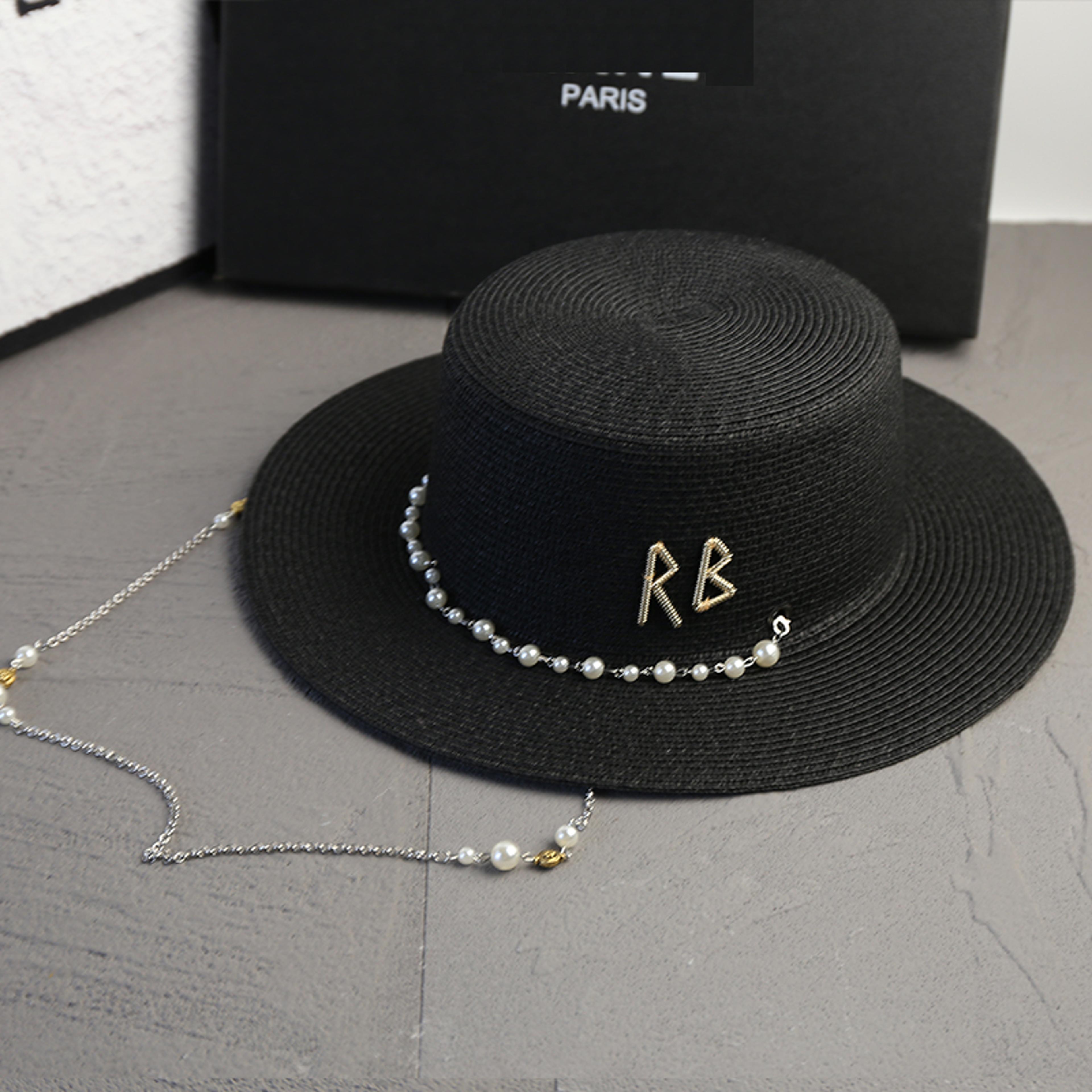 elegant straw sun hat with pearl chain women's panama beach fedora