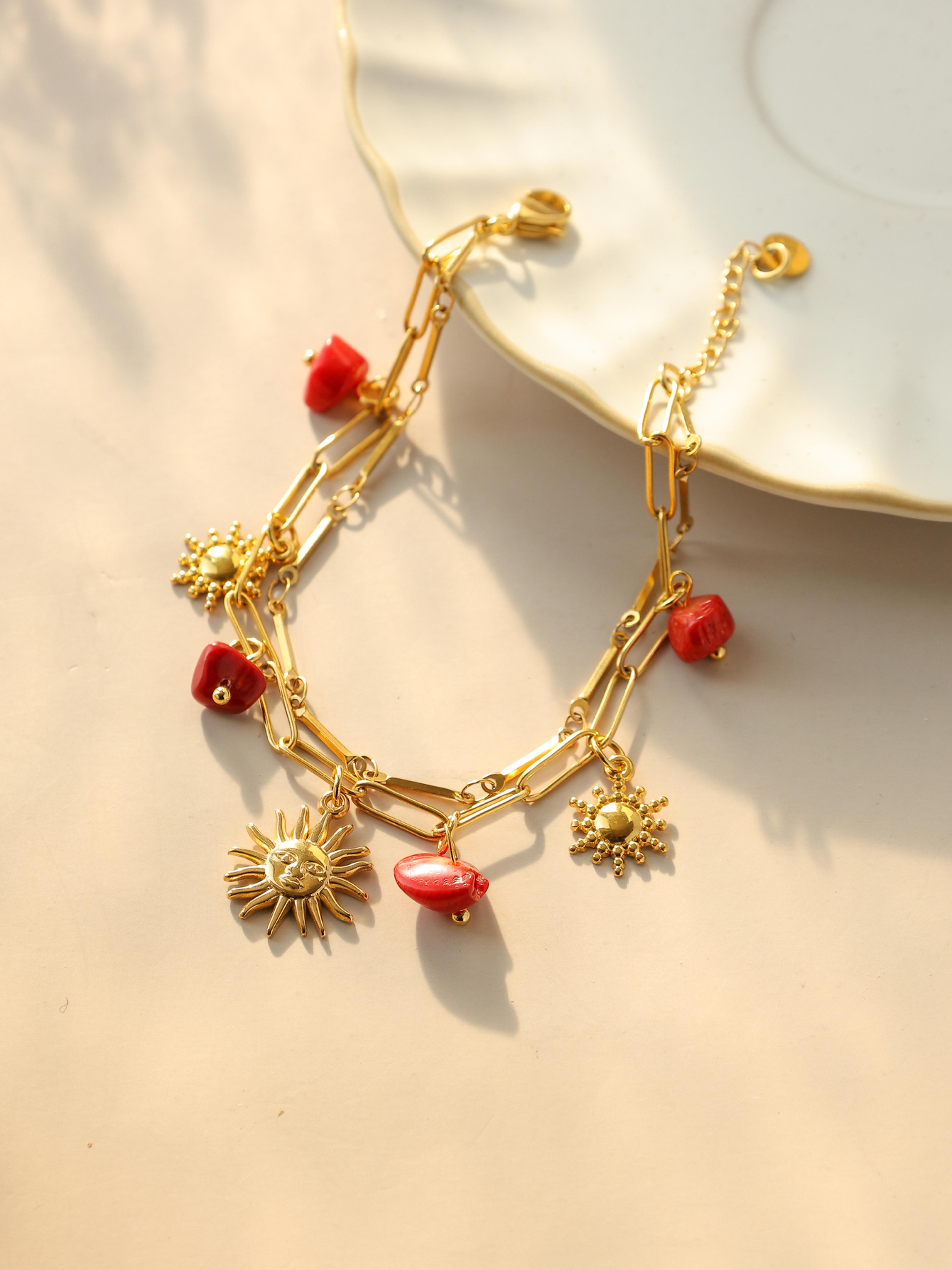 gold stainless steel sun pendant bracelet with natural stone for women waterproof jewelry gift