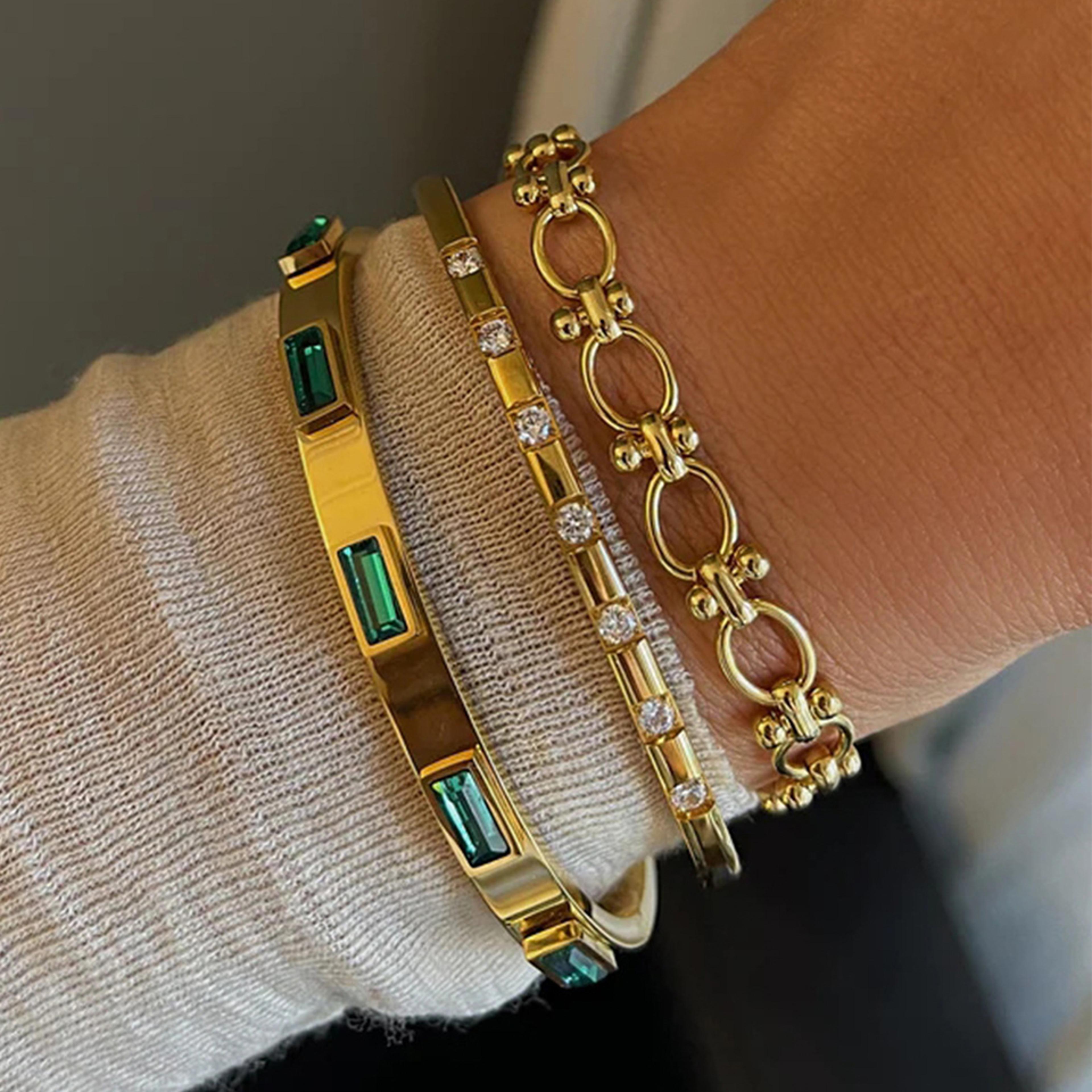 gold bangle bracelets set with zircon stainless steel stackable waterproof jewelry