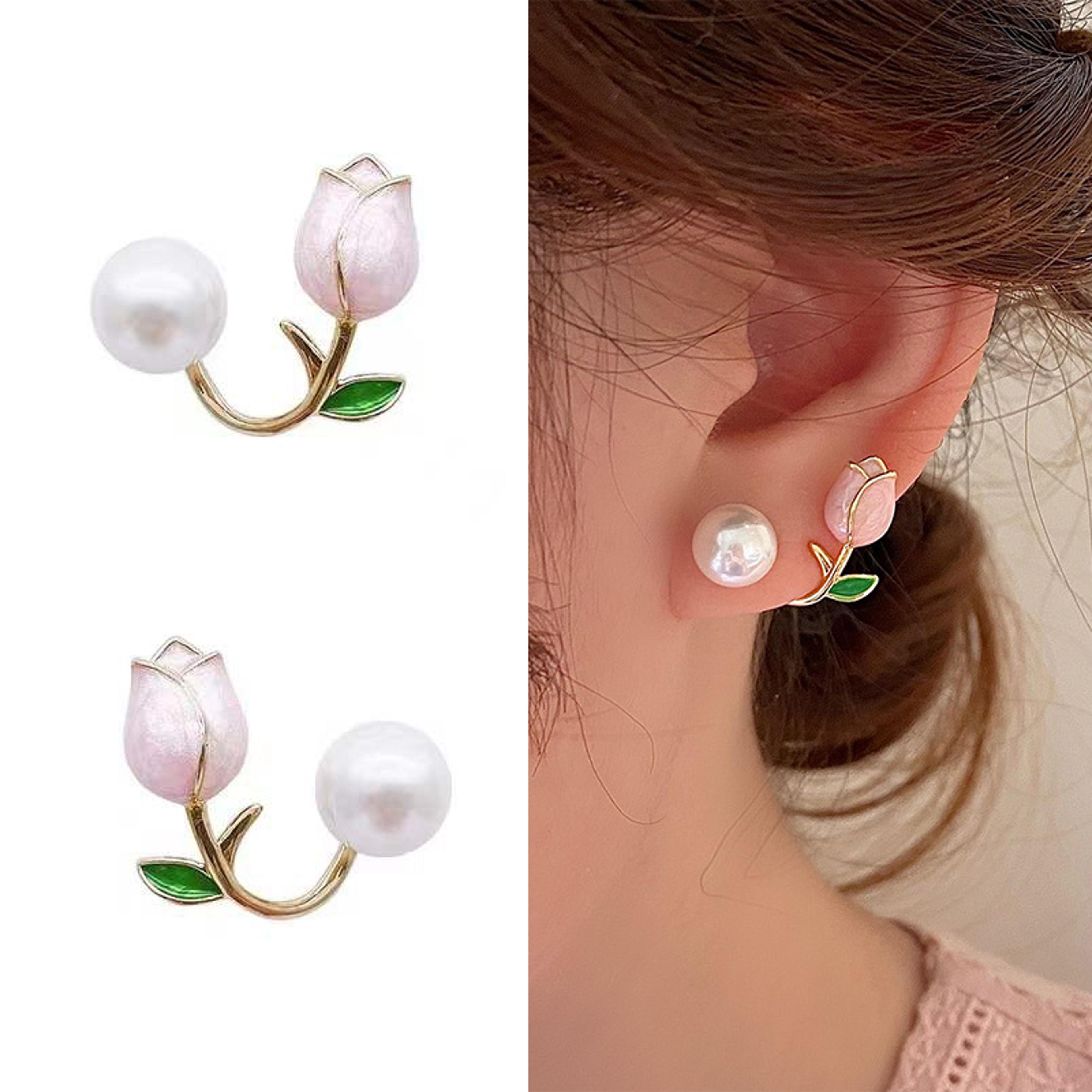 tulip stud earrings with pearl & zircon floral design for women