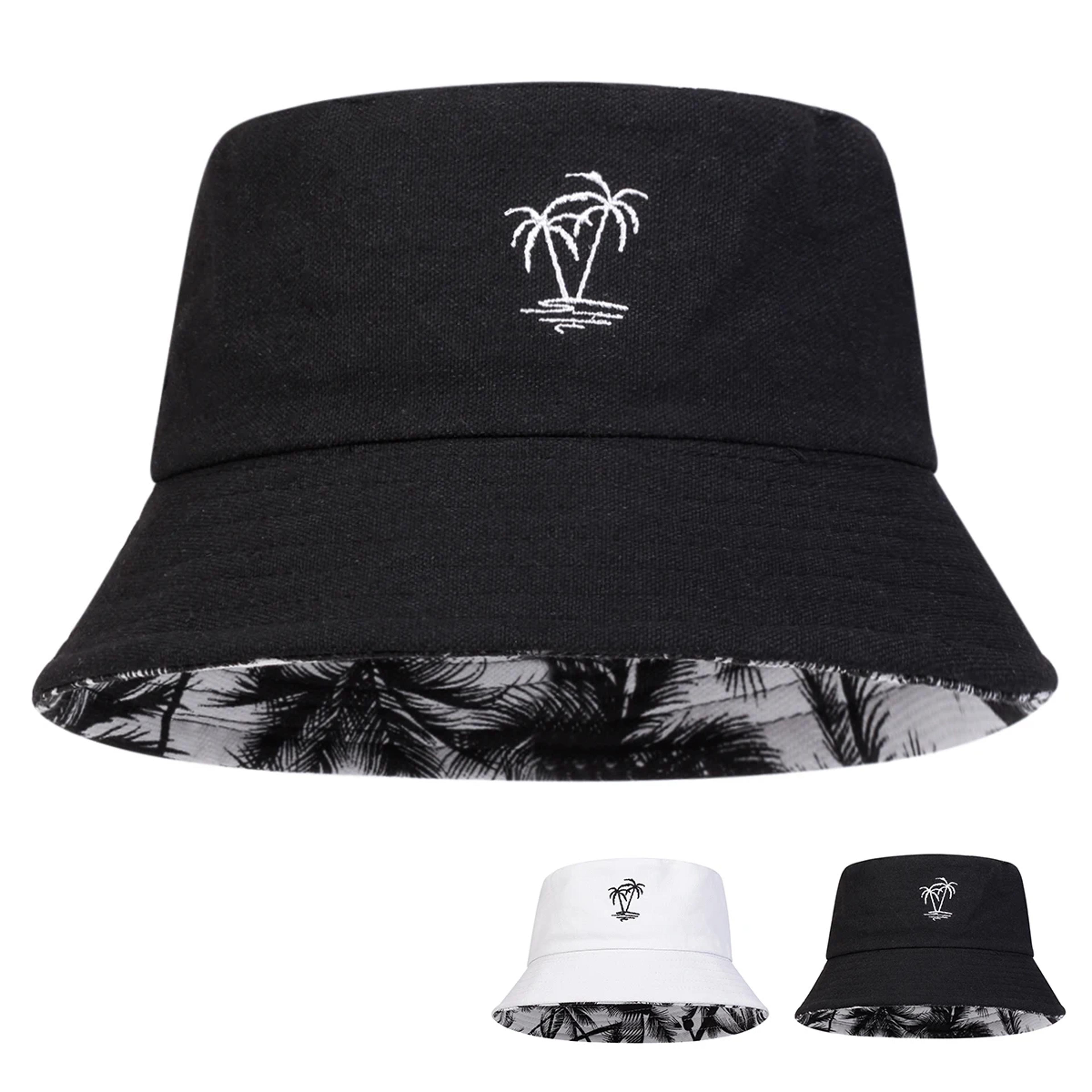 reversible coconut tree embroidered bucket hat for men & women cotton sun fisherman cap