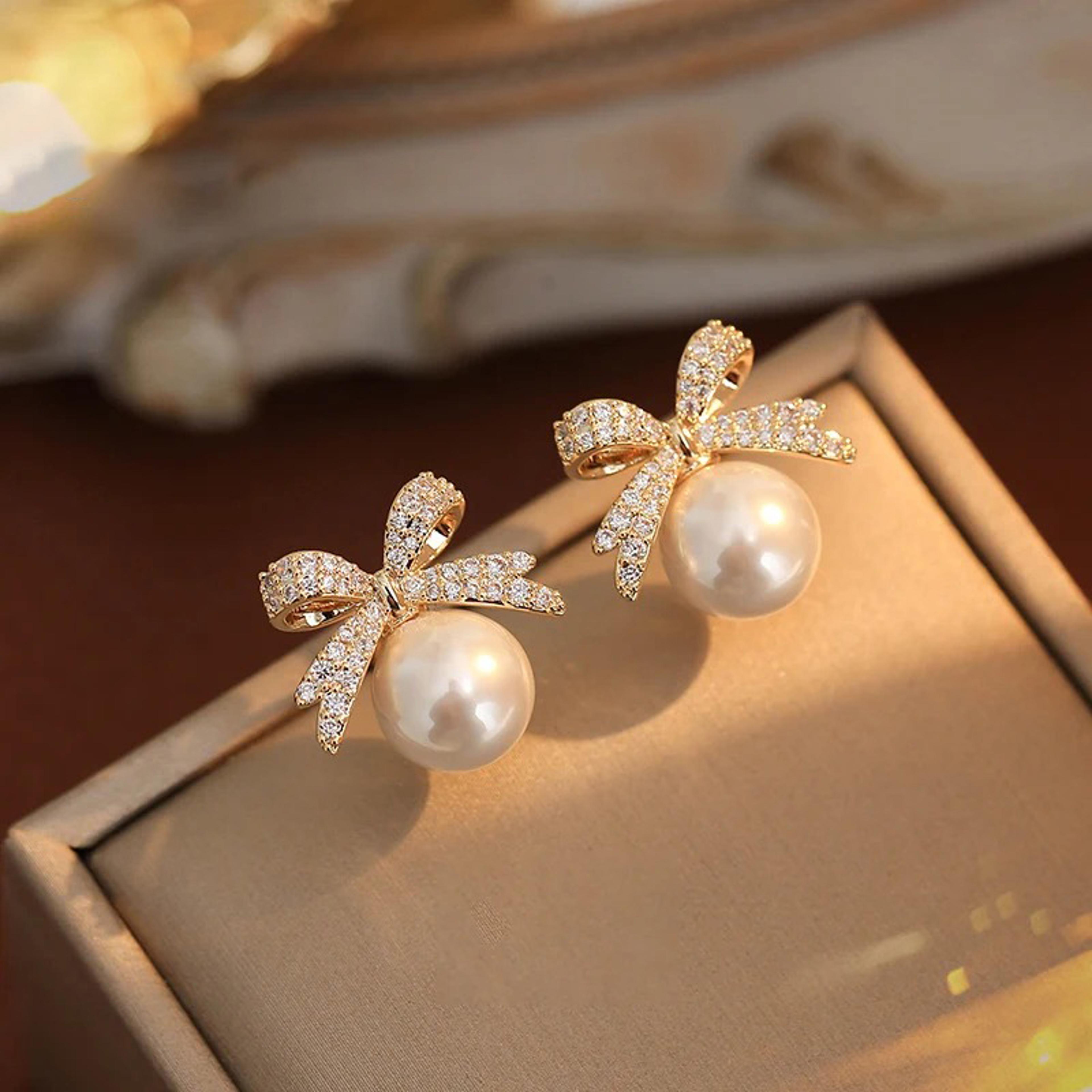 bow pearl earrings with zircon elegant drop earrings for women