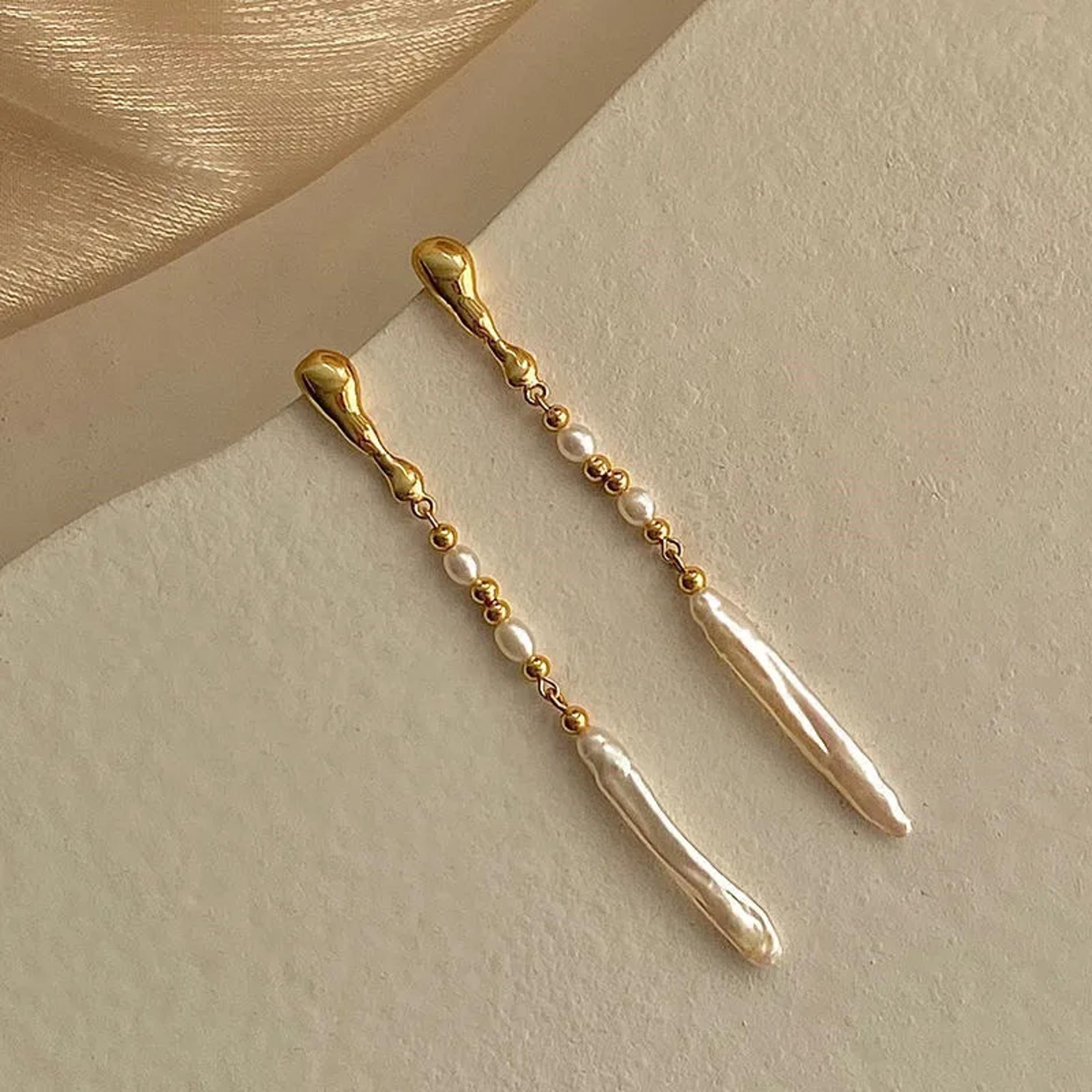 elegant freshwater pearl earrings gold plated long tassel pearl drop earrings for women