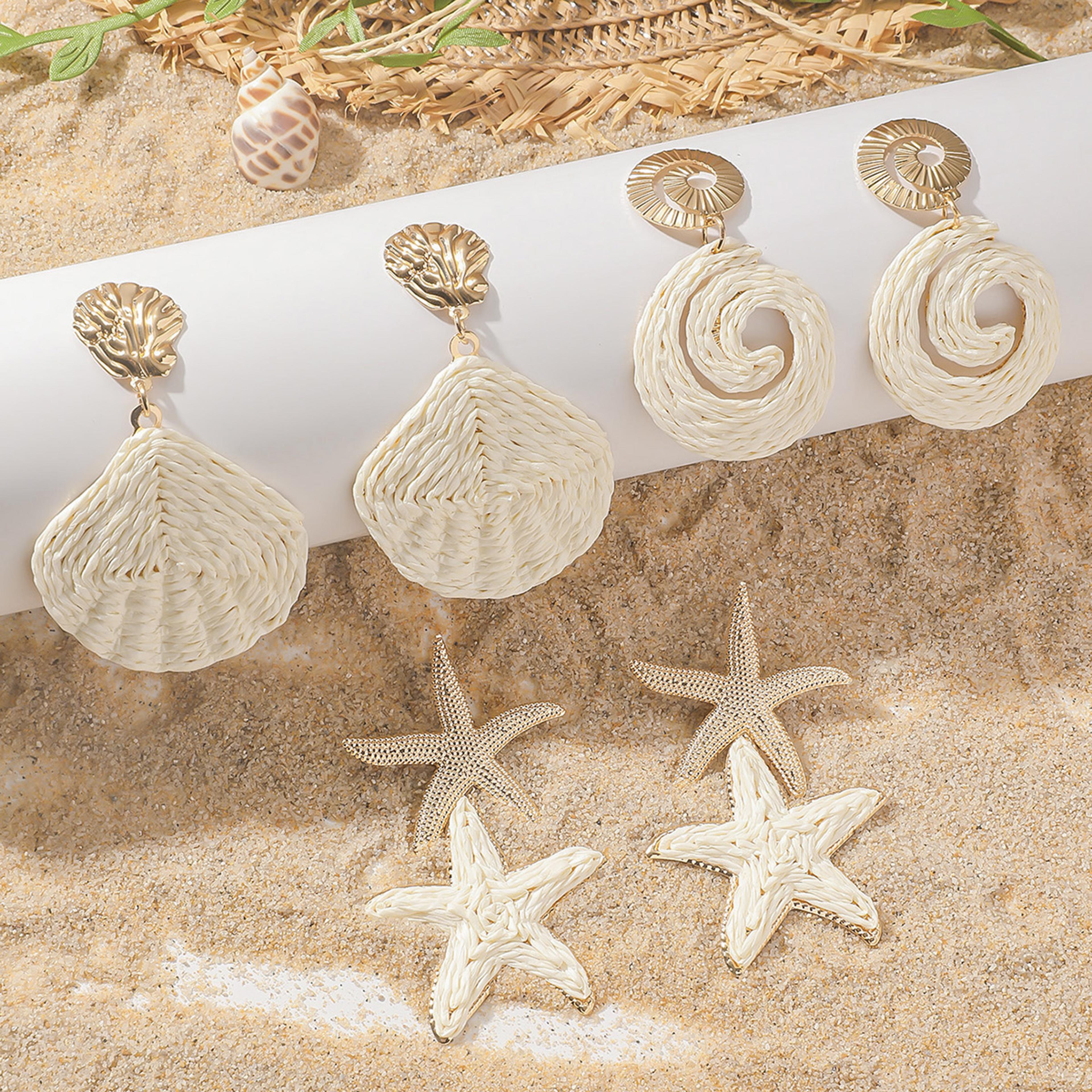 raffia starfish shell drop earrings ocean inspired beach jewelry for women