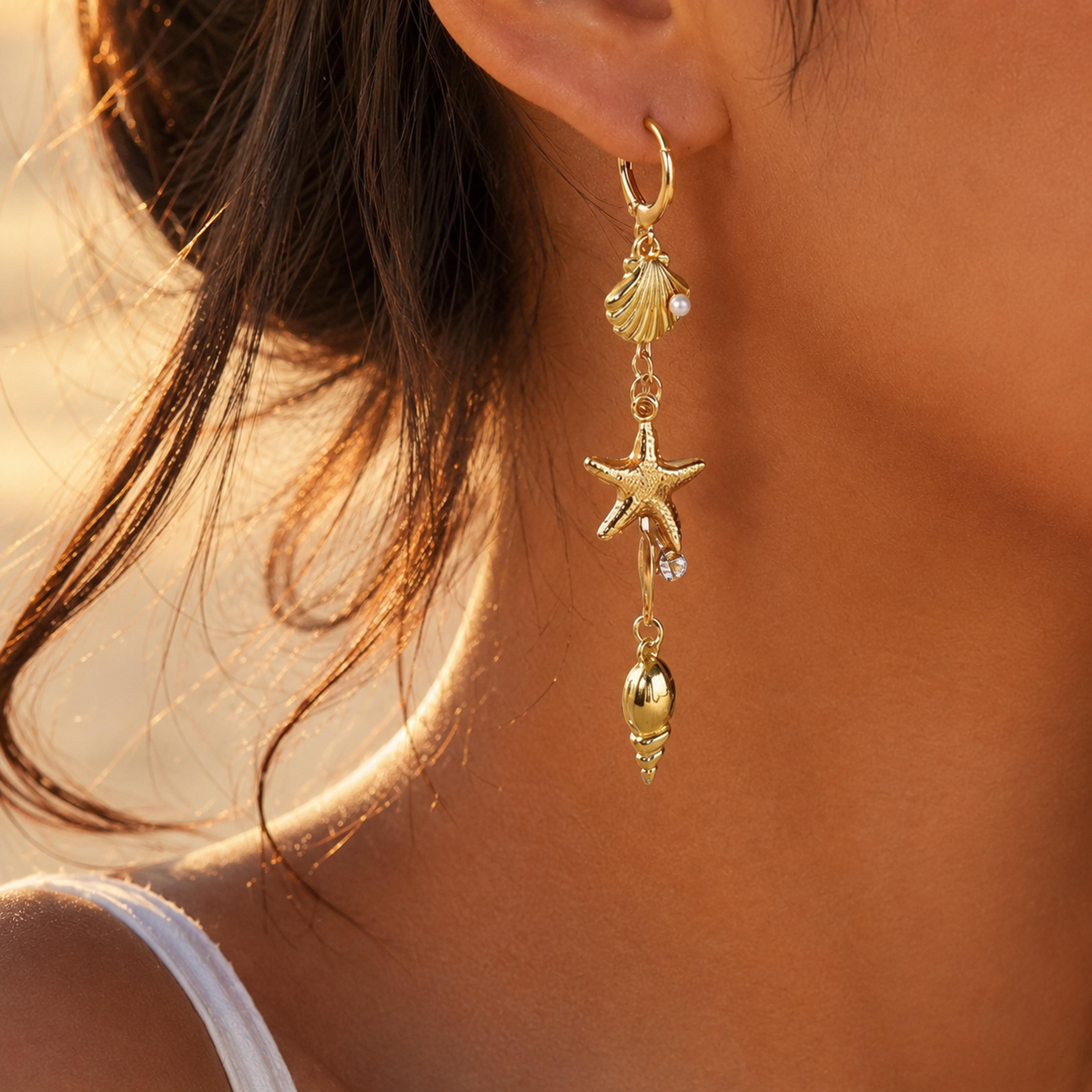 mermaid shell pearl starfish long drop earrings for women beach jewelry