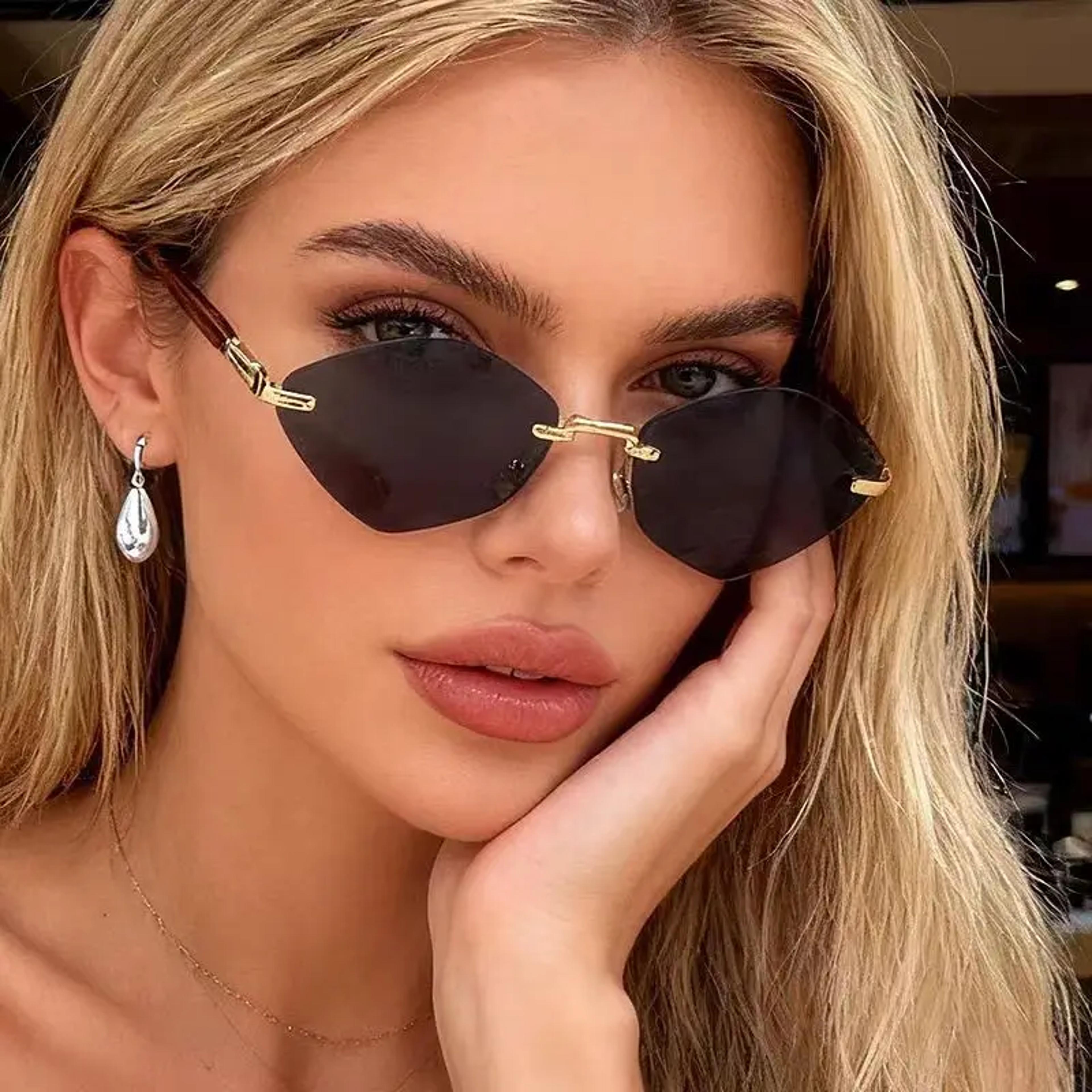 vintage rimless sunglasses for women diamond shape uv fashion shades