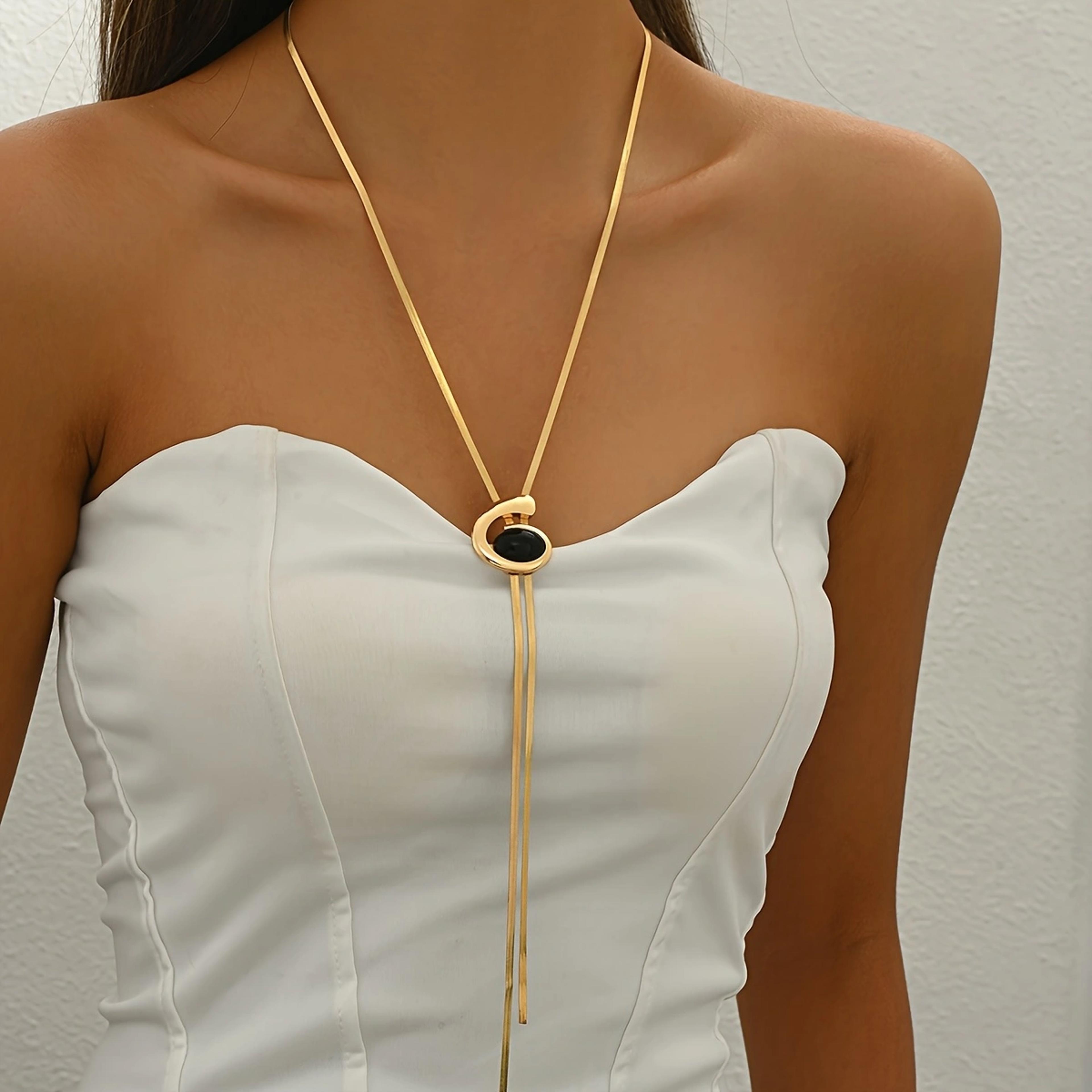 elegant snake chain necklace with black oval accent y pendant for women