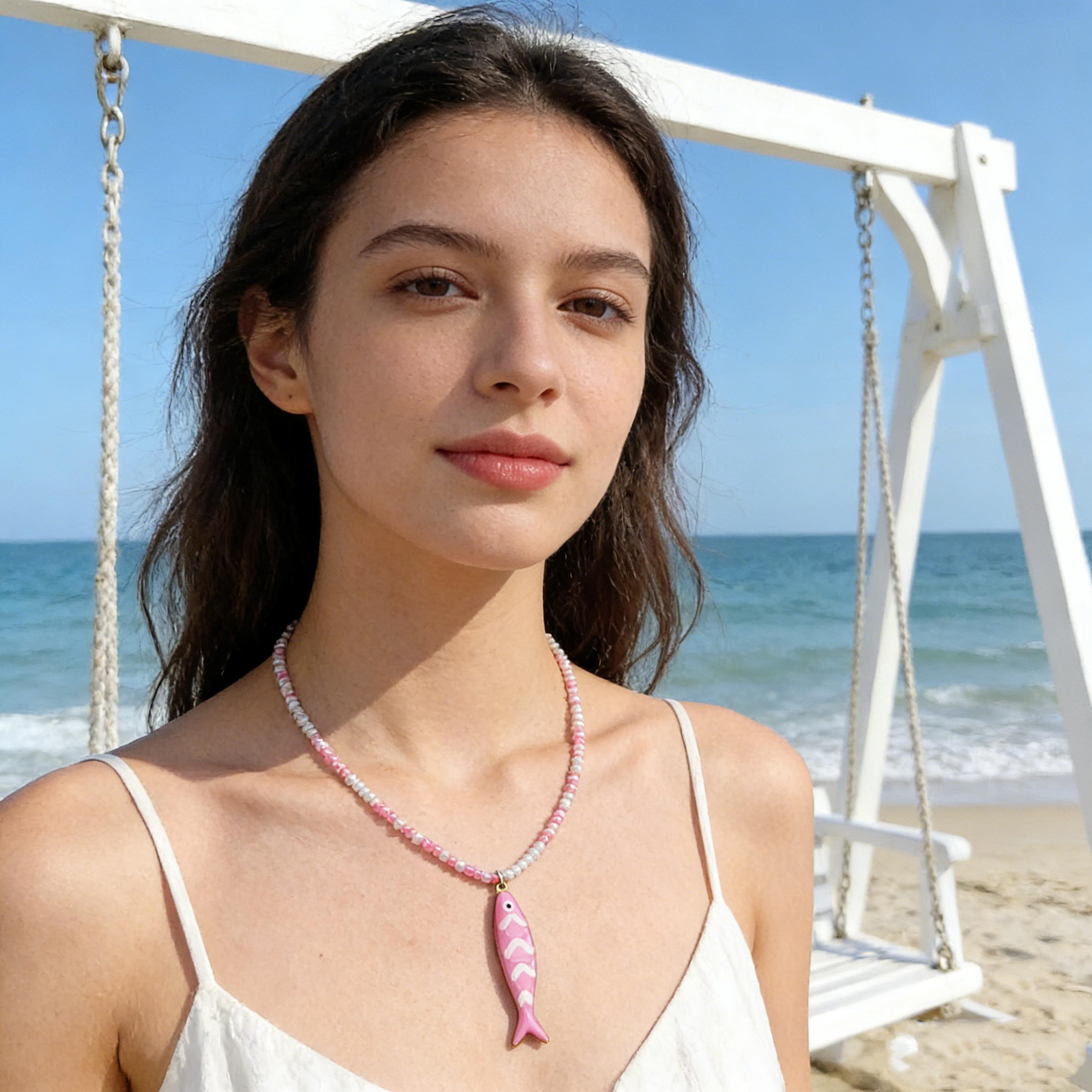 handmade fish pendant necklace colorful beaded choker for women summer beach jewelry