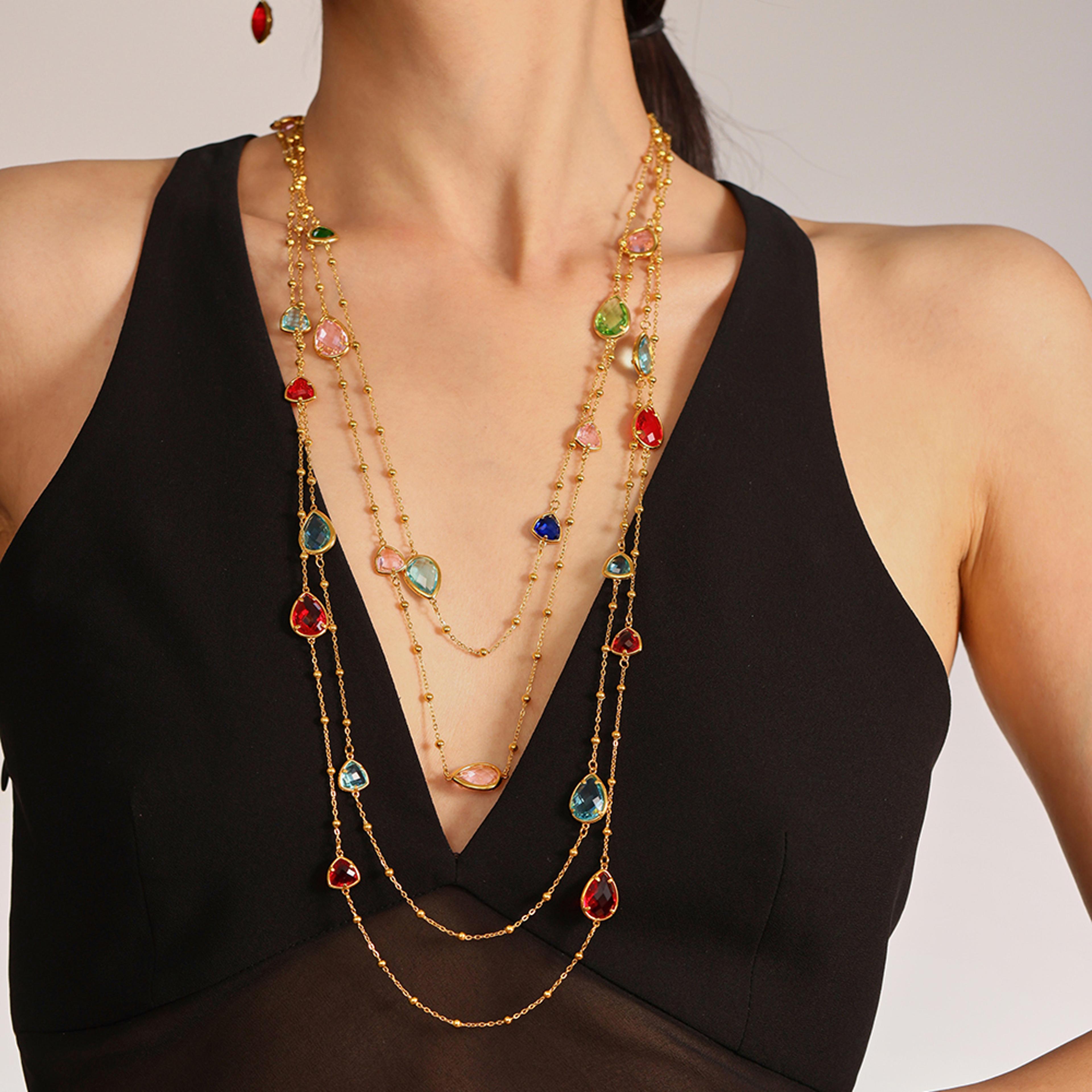 water drop necklace long stainless steel necklace with glass pendant for women