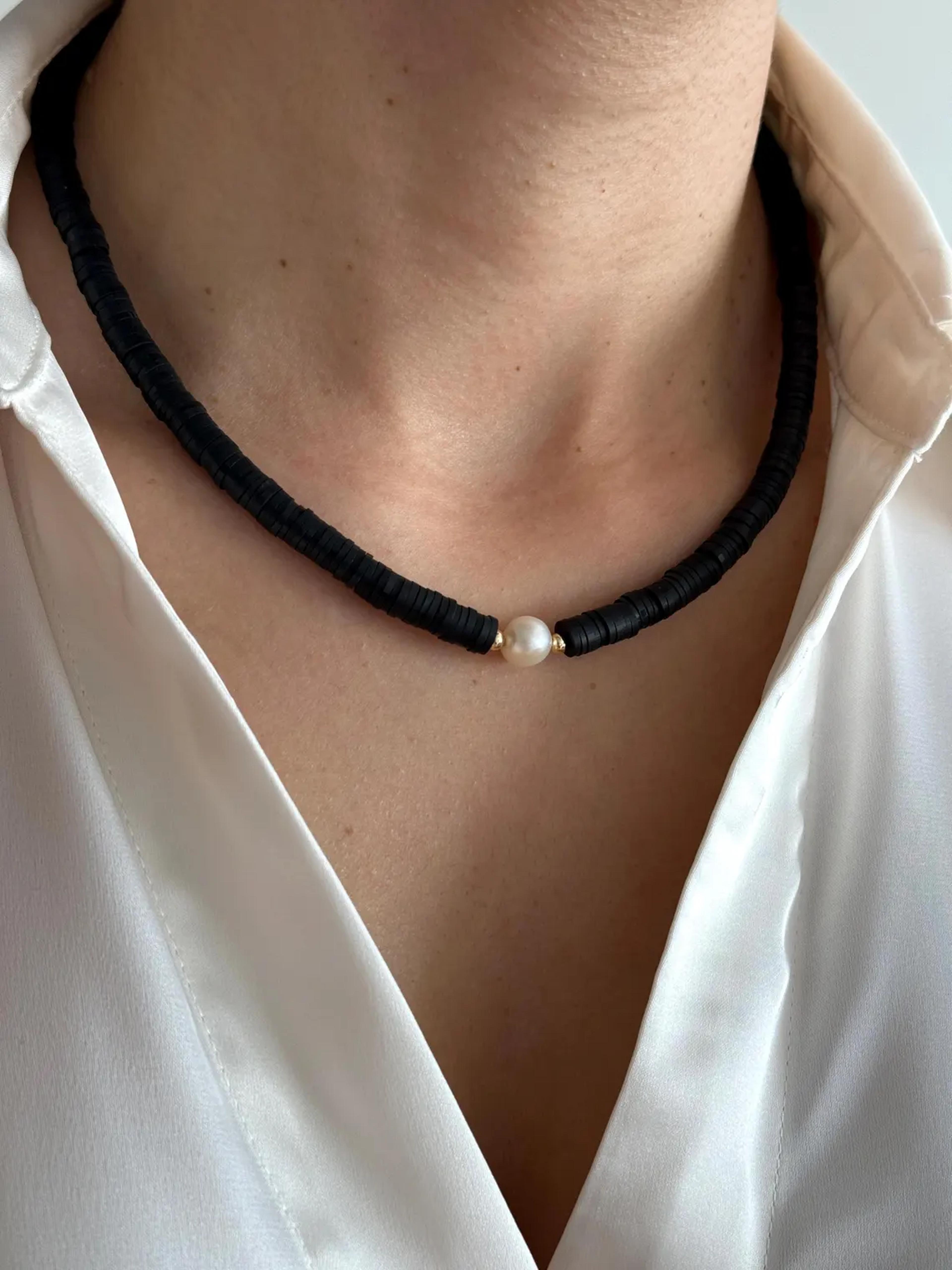 boho clay bead necklace with natural pearl adjustable beach jewelry for women