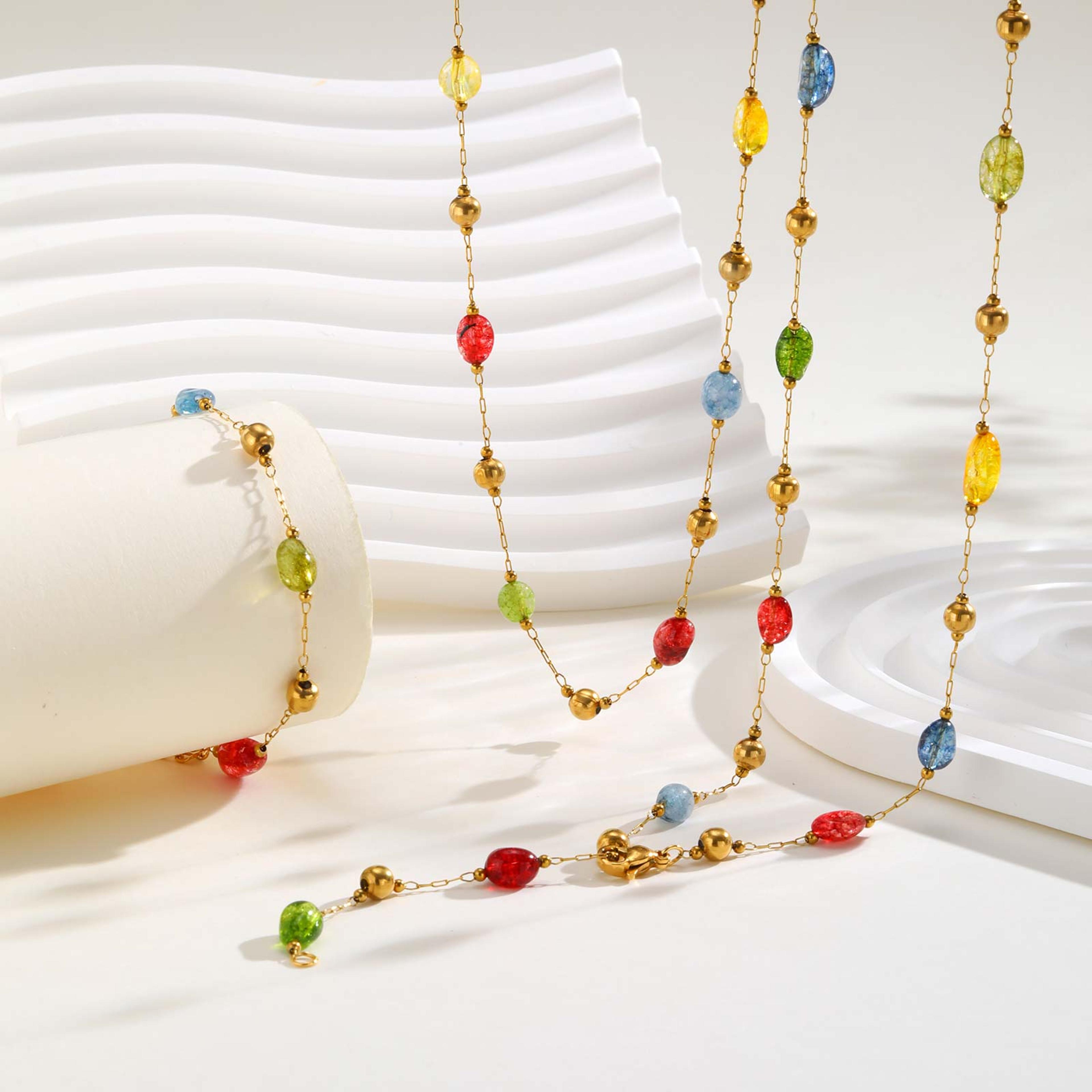 natural stone y necklace for women colorful rainbow stainless steel beaded jewelry