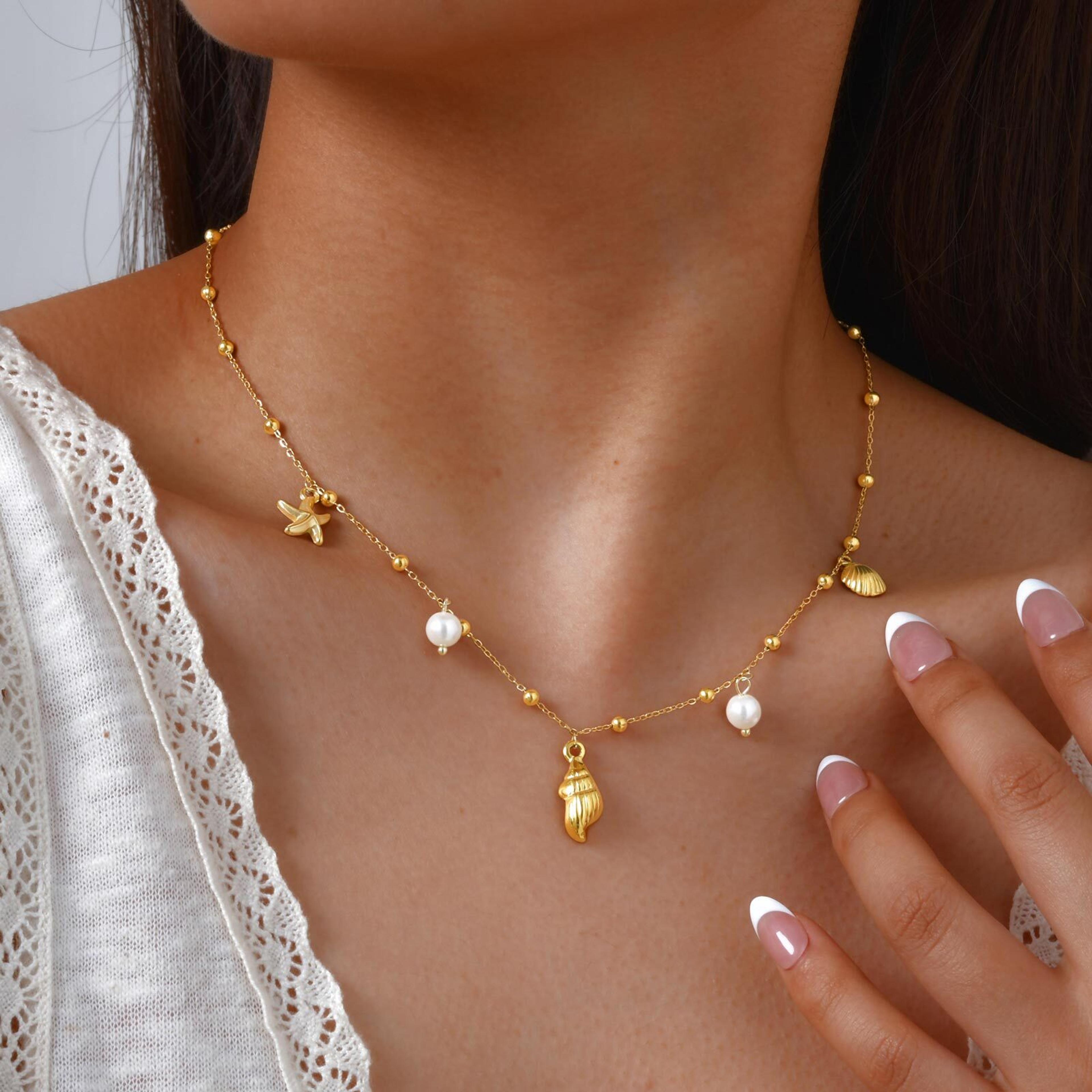 gold plated beach necklace with starfish, shell & pearl waterproof stainless steel charm