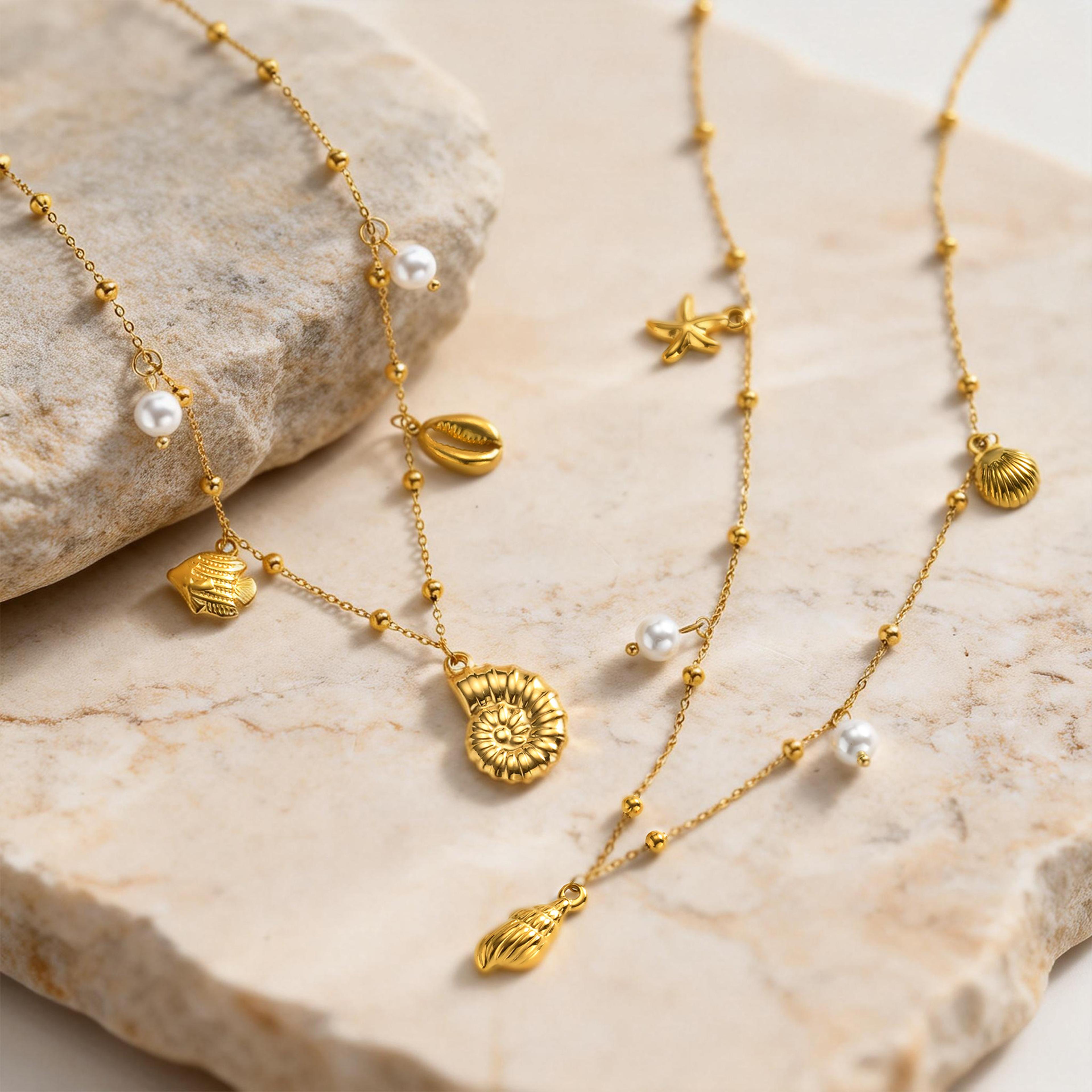gold plated stainless steel beach necklace with seashell & ocean charms for women