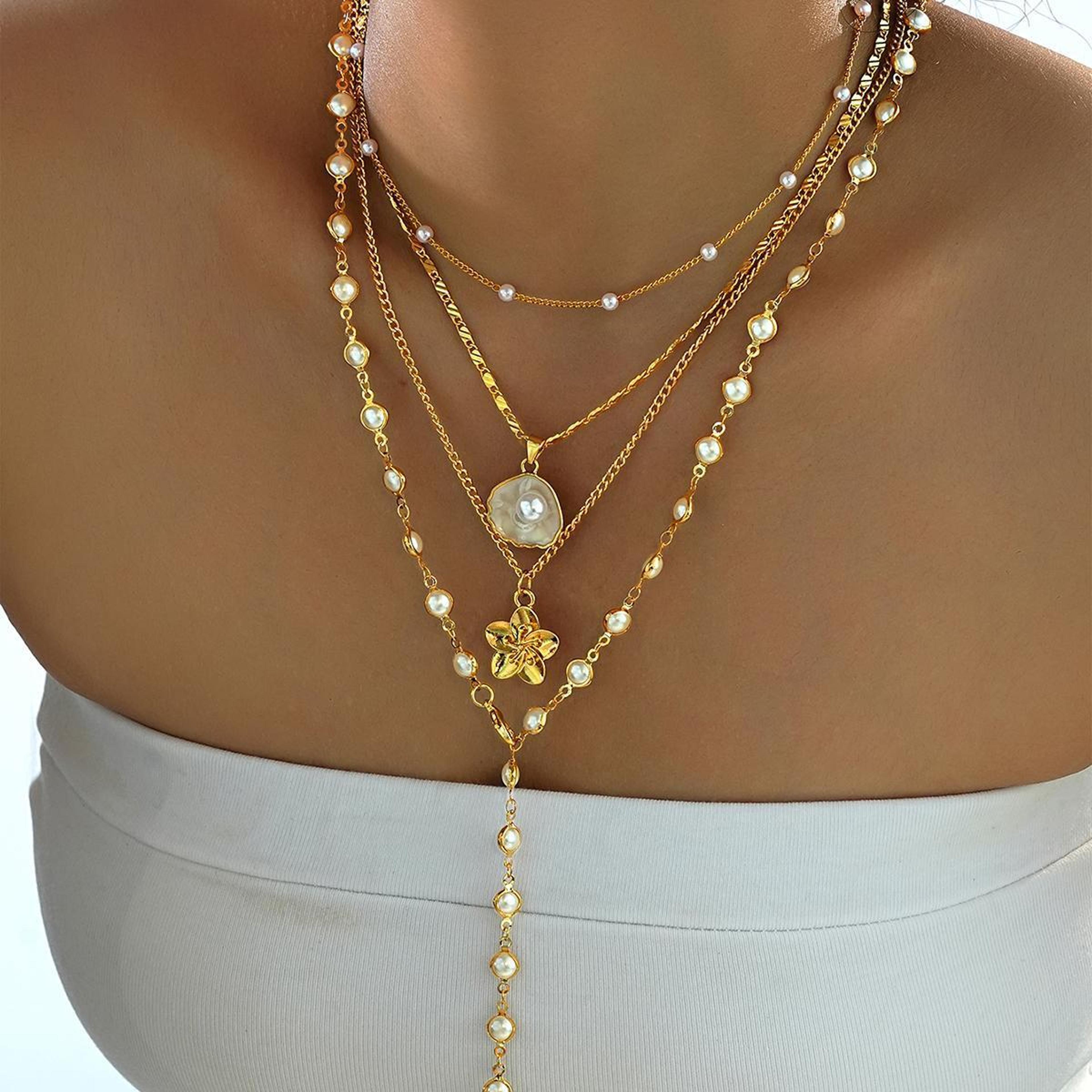 retro flower pendant necklace with pearl layered long stainless steel sweater chain