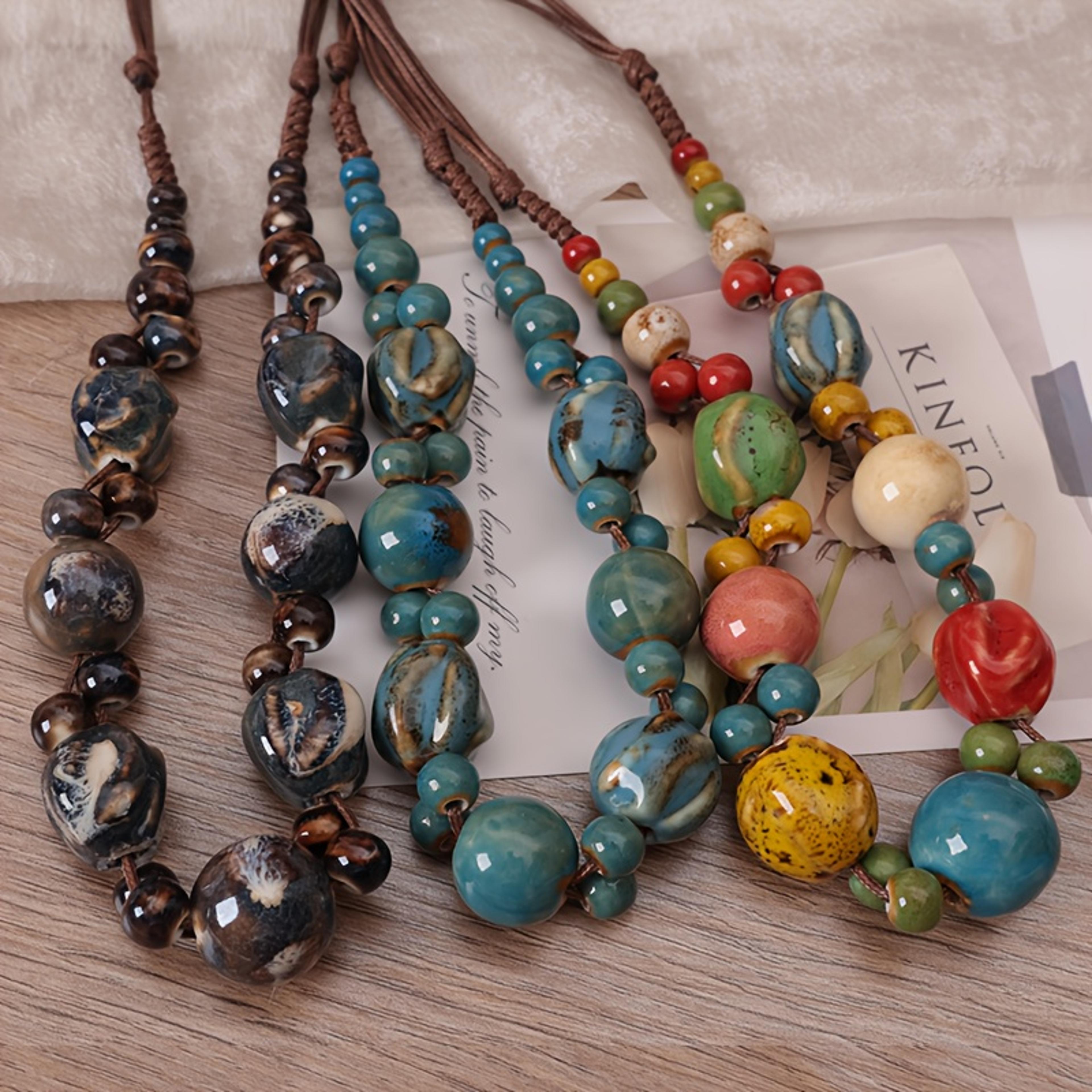 bohemian ceramic bead adjustable necklace for women handmade ethnic jewelry