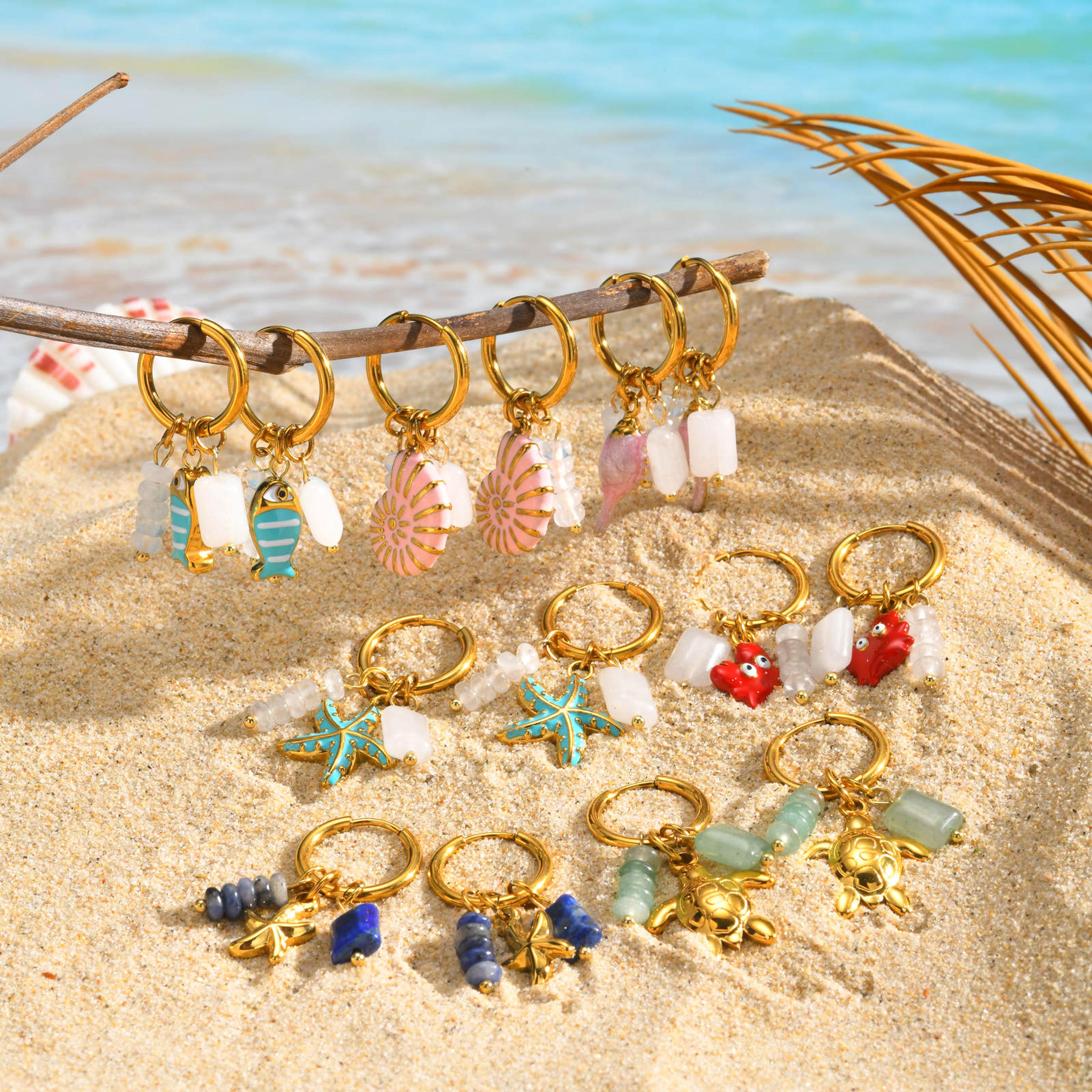 ocean charm hoop earrings with starfish, turtle & shell stainless steel dangle jewelry