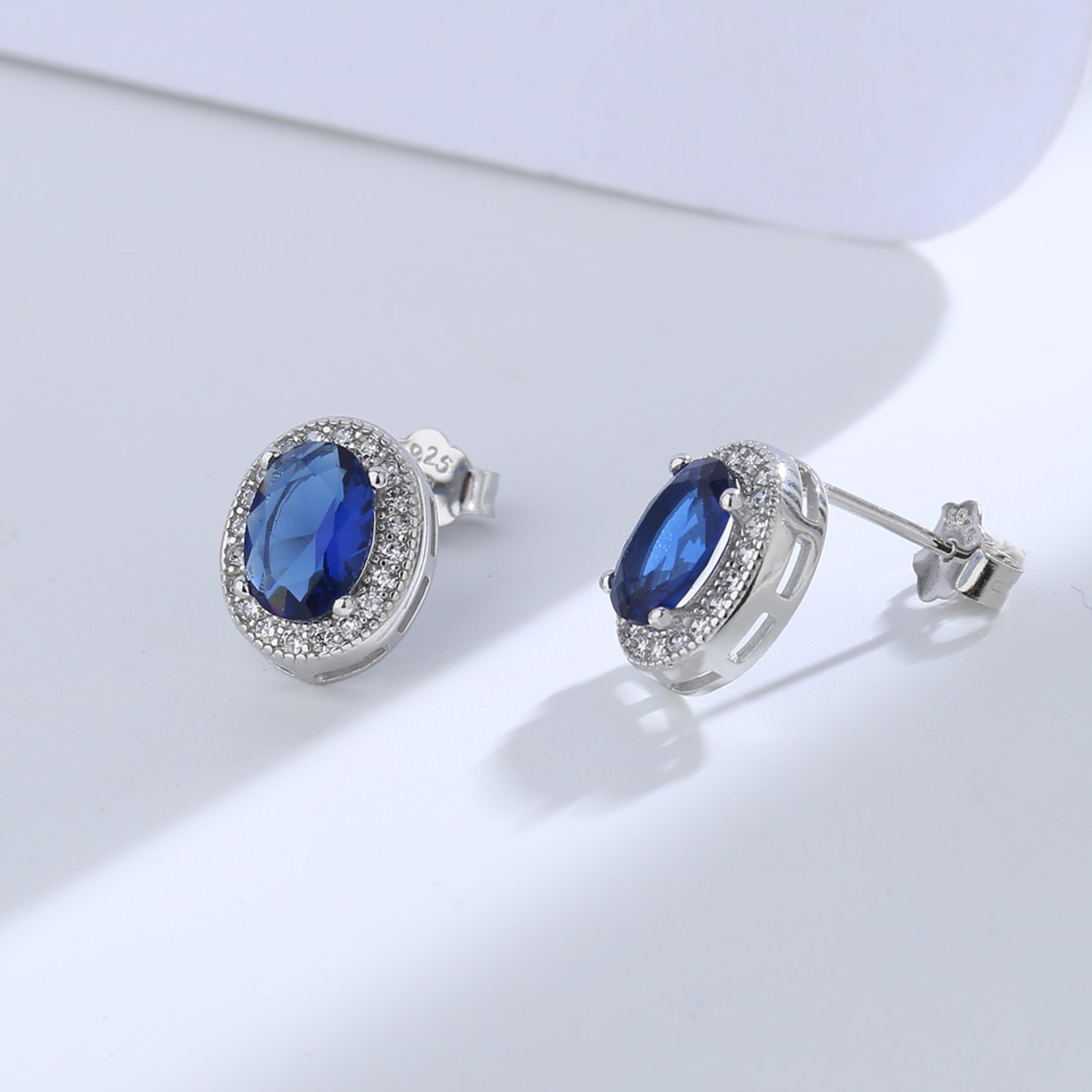 sterling silver blue crystal oval stud earrings for women elegant wedding jewelry