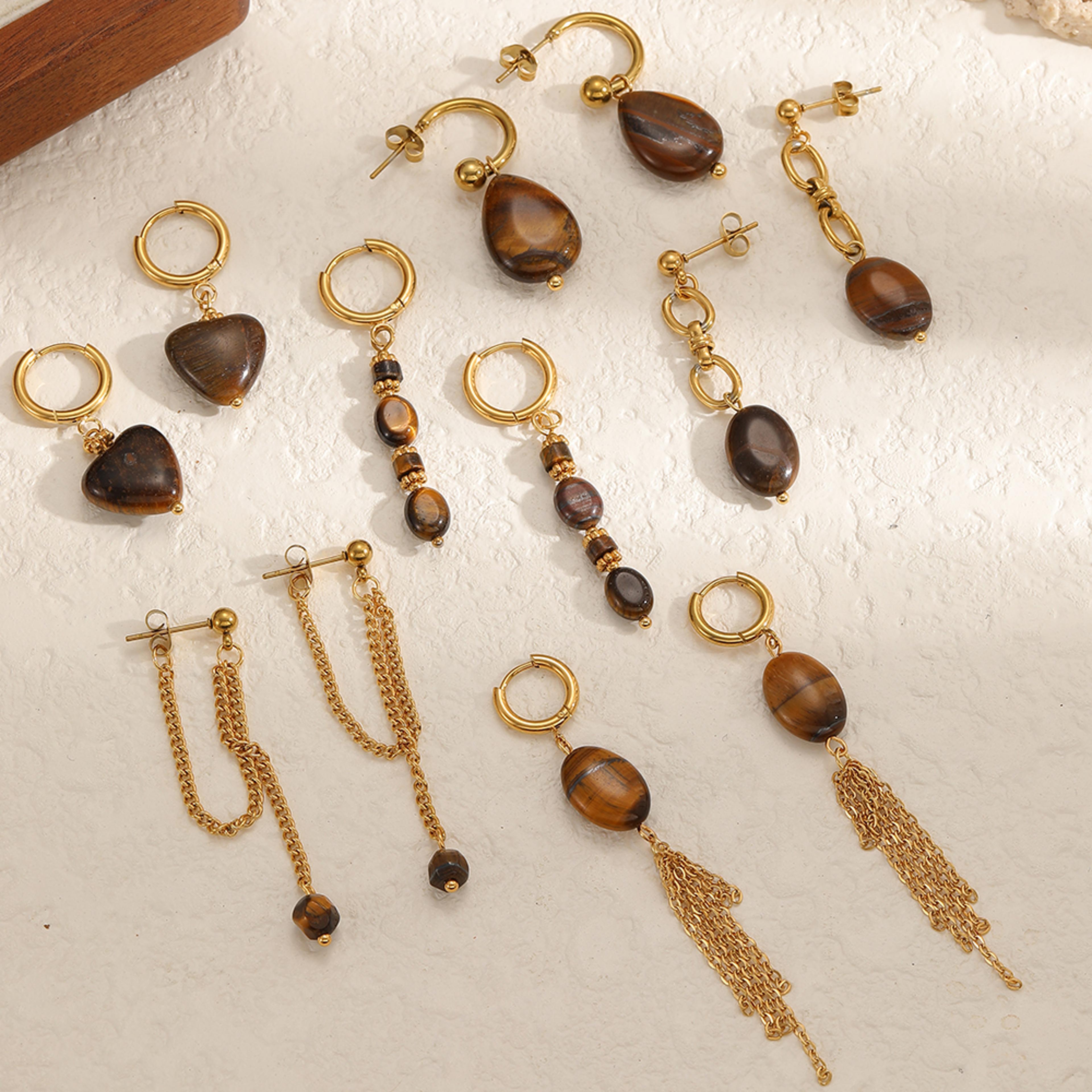 natural tiger eye earrings in gold plated stainless steel for women