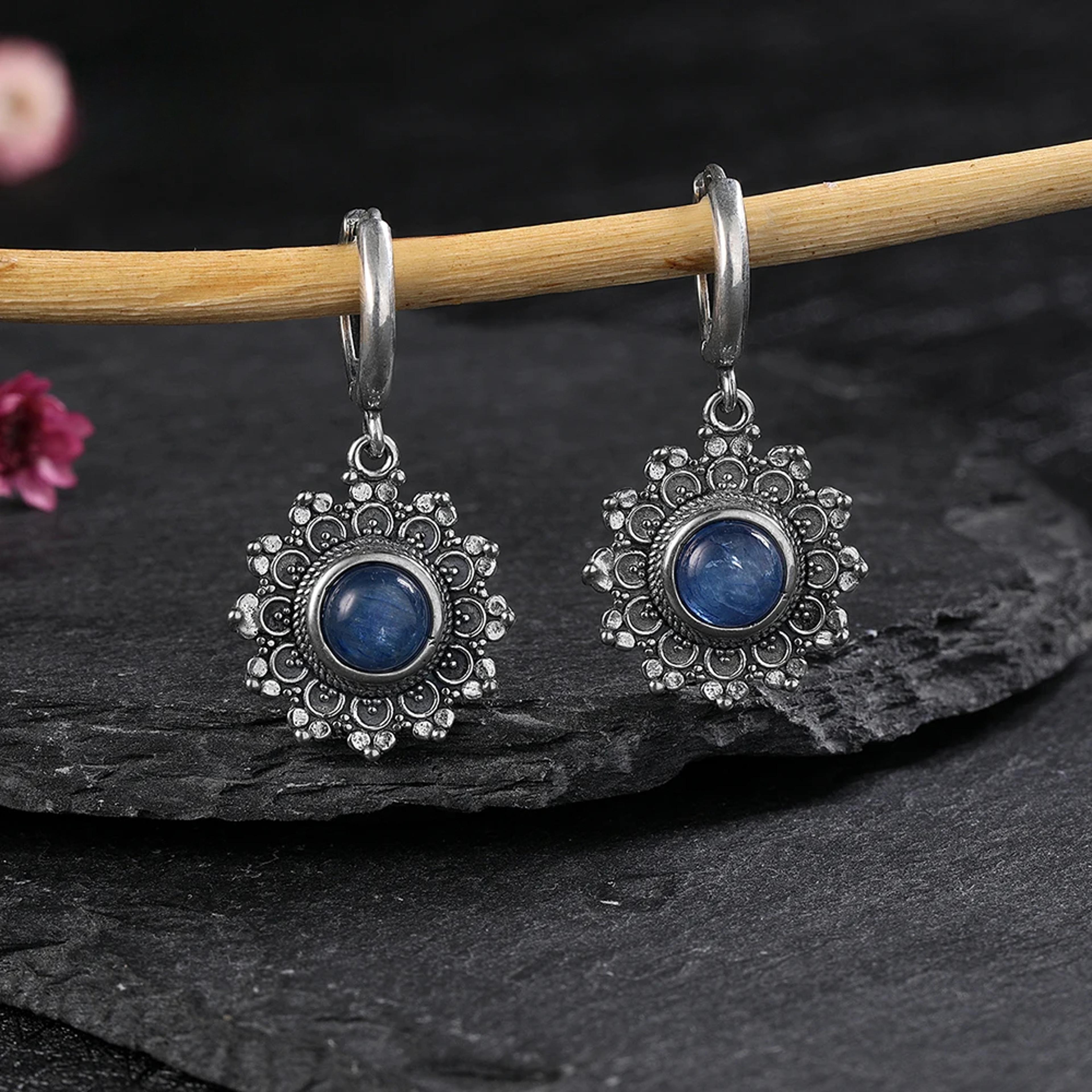 silver plated natural kyanite earrings with blue stone snowflake design for women