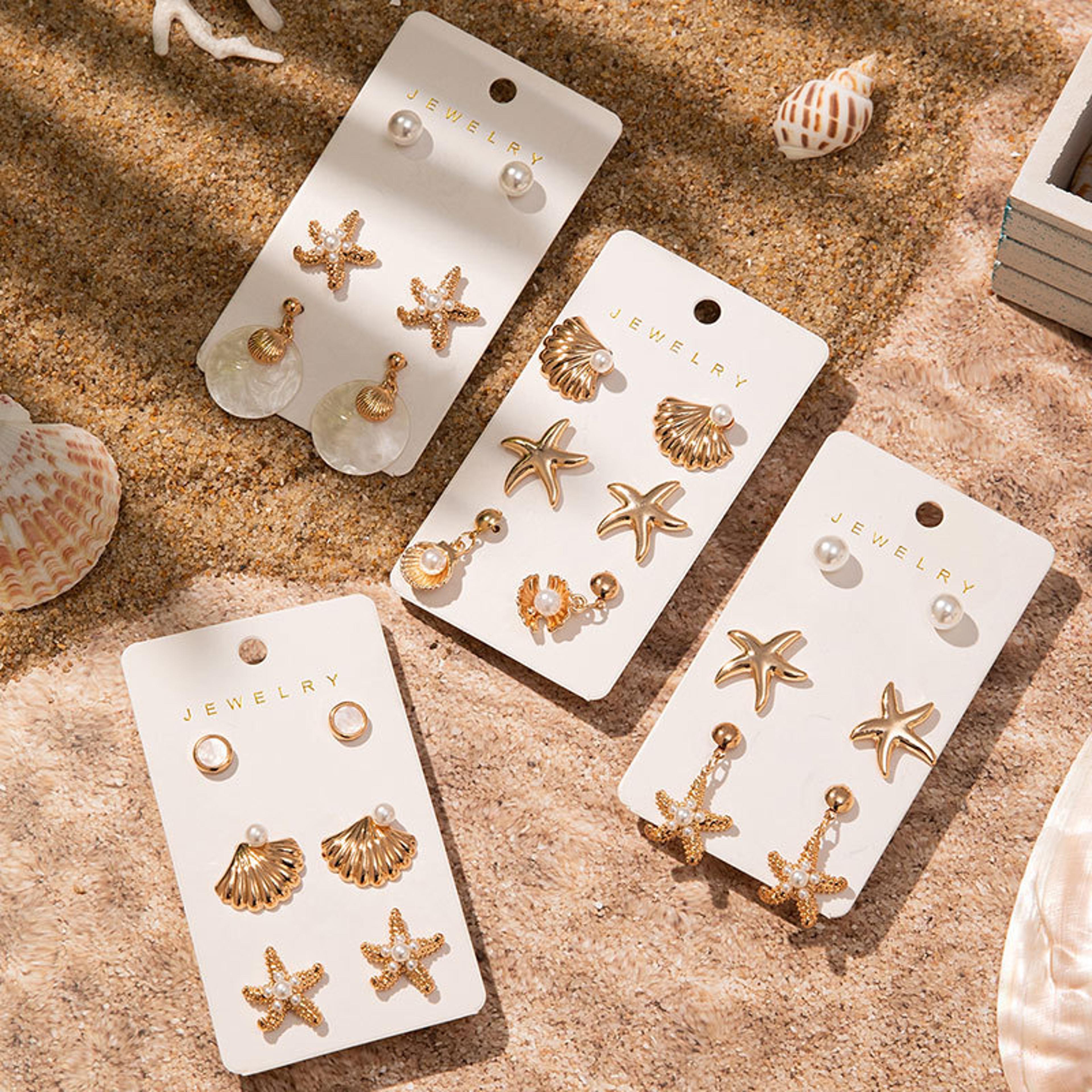 starfish earrings & shell earrings gold plated pearl earrings set for women
