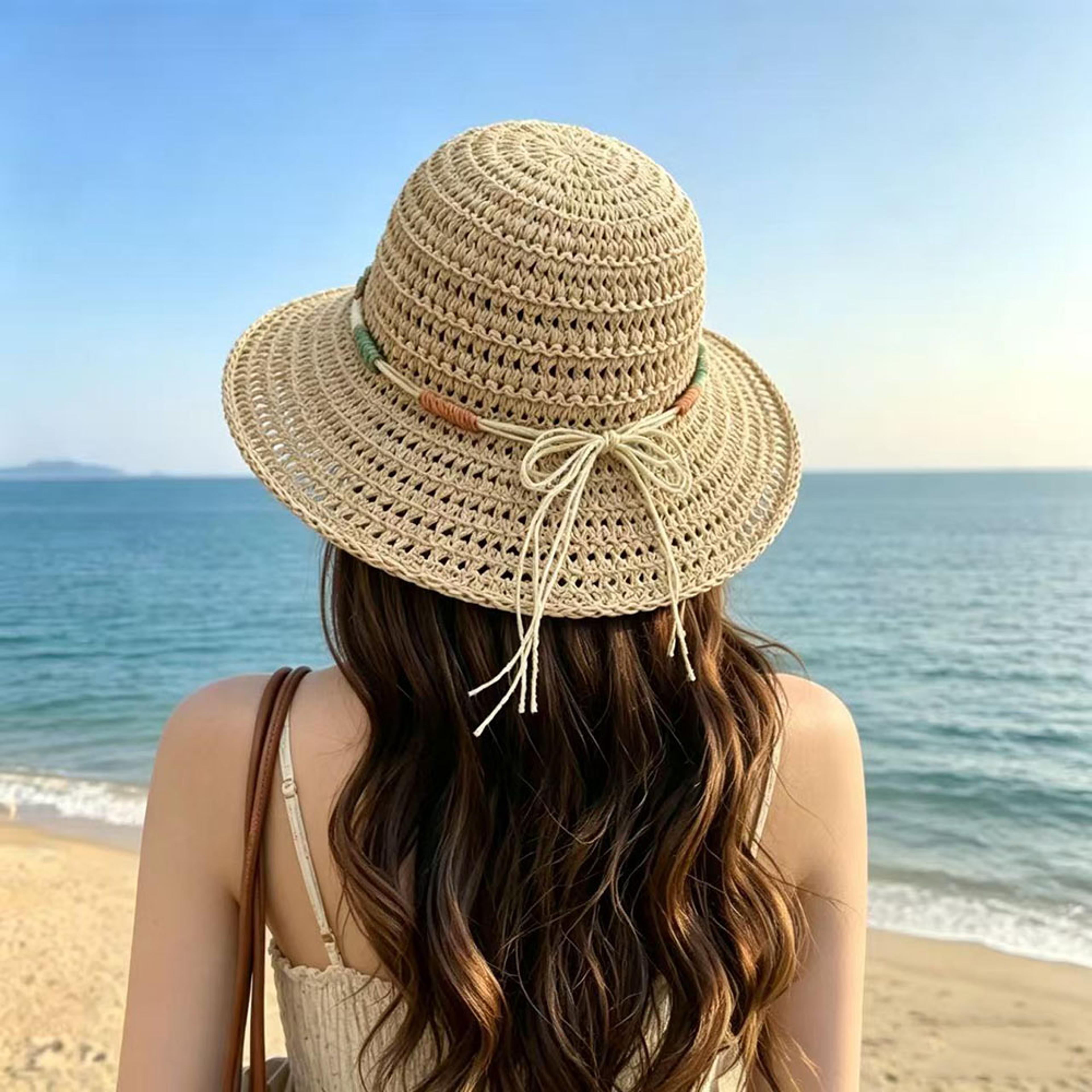 ethnic crochet bucket hat for women foldable straw sun hat for beach travel & summer vacations