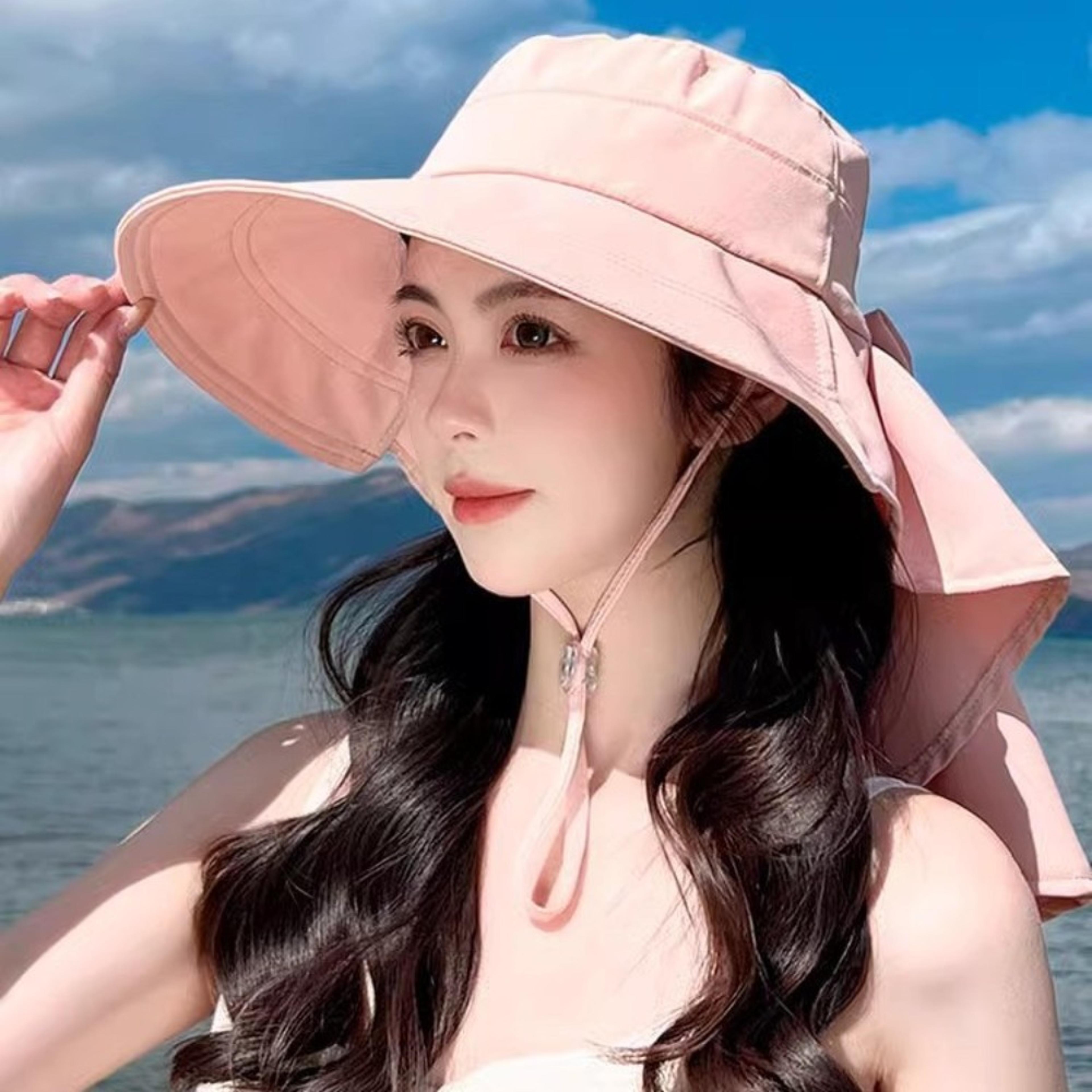 wide brim bucket hat with ponytail hole & shawl foldable uv protection sun hat