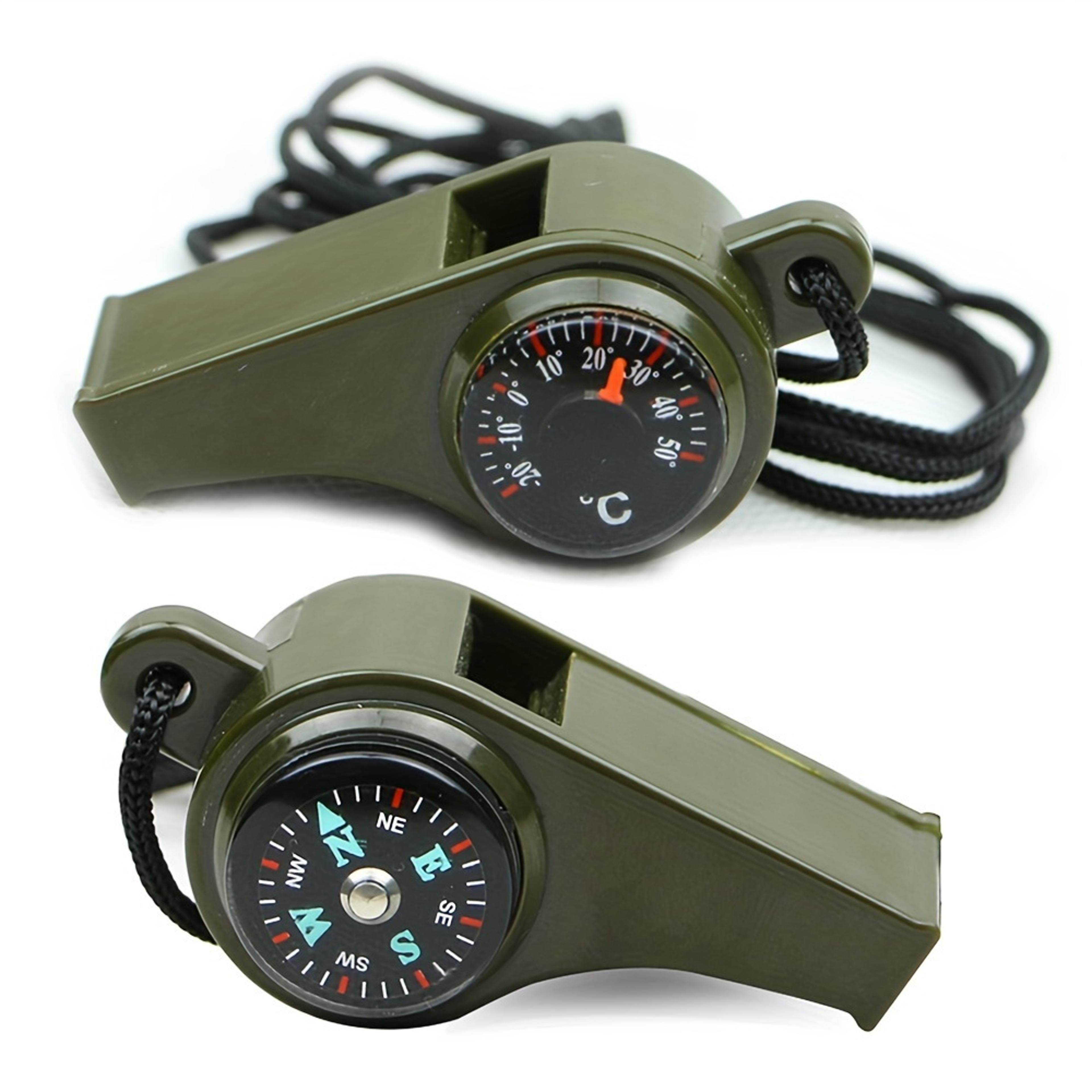 survival whistle with camping compass, thermometer & lanyard for outdoor adventures