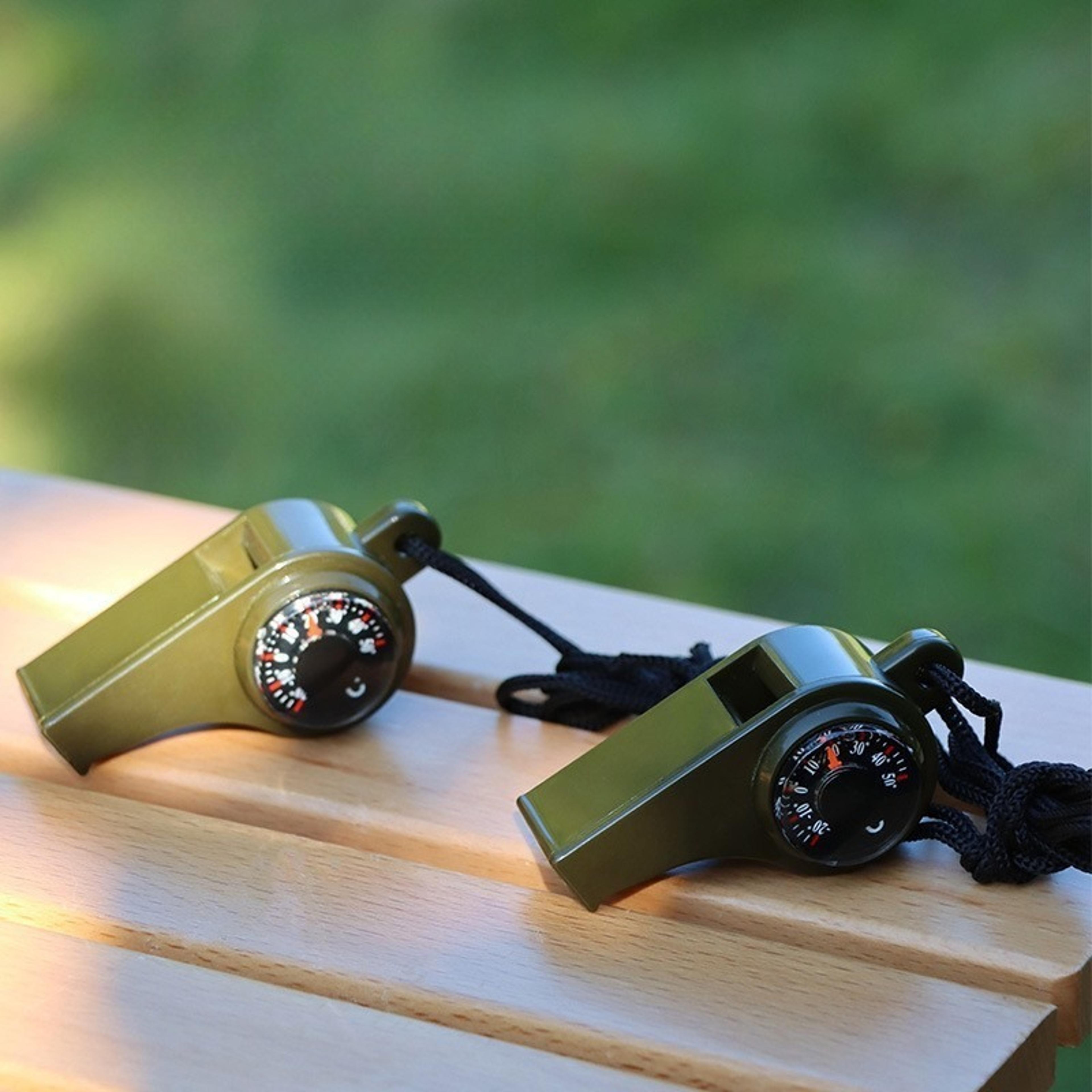 survival whistle with compass & thermometer for camping, hiking & emergency safety