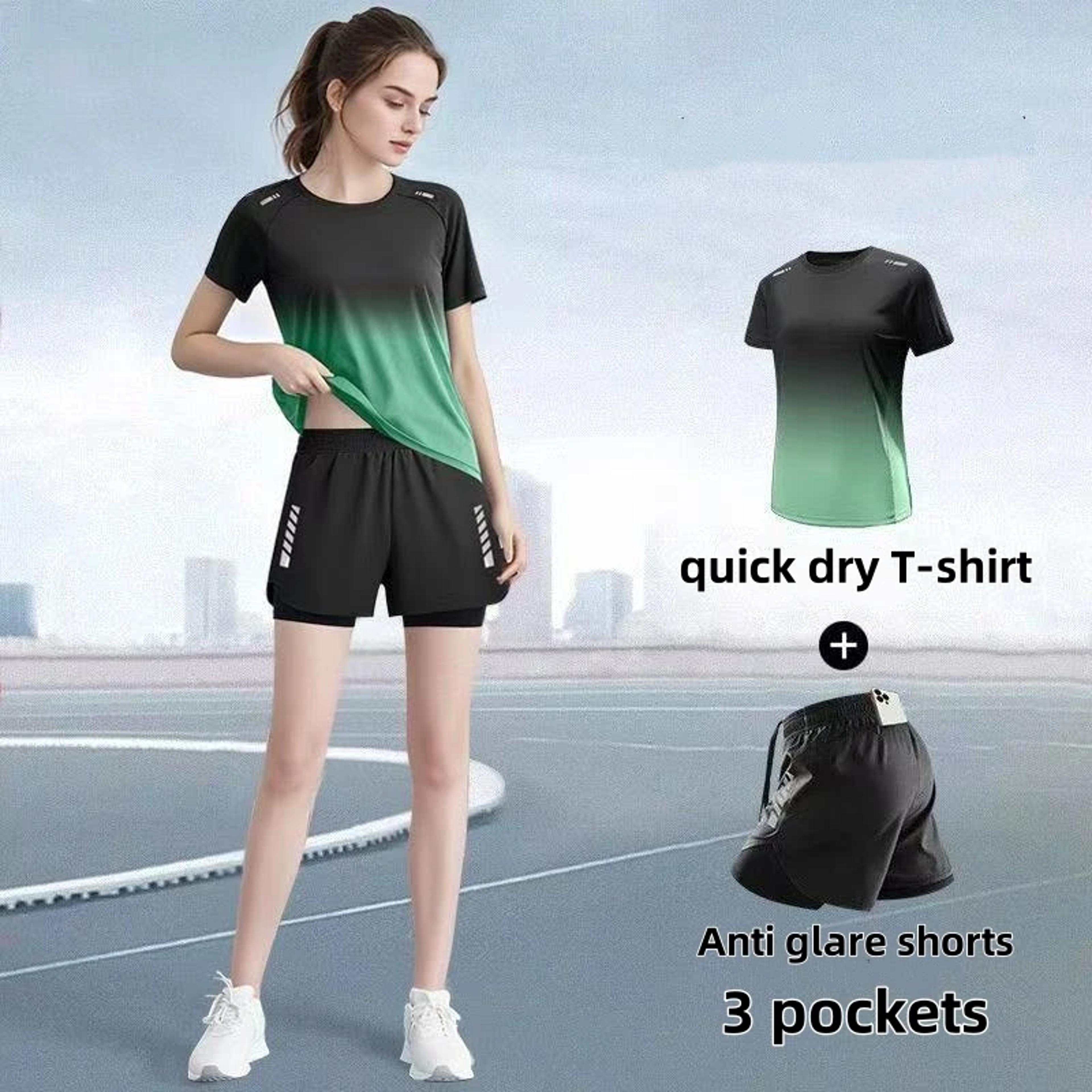 womens workout set quick dry yoga outfit with breathable running shorts and t shirt