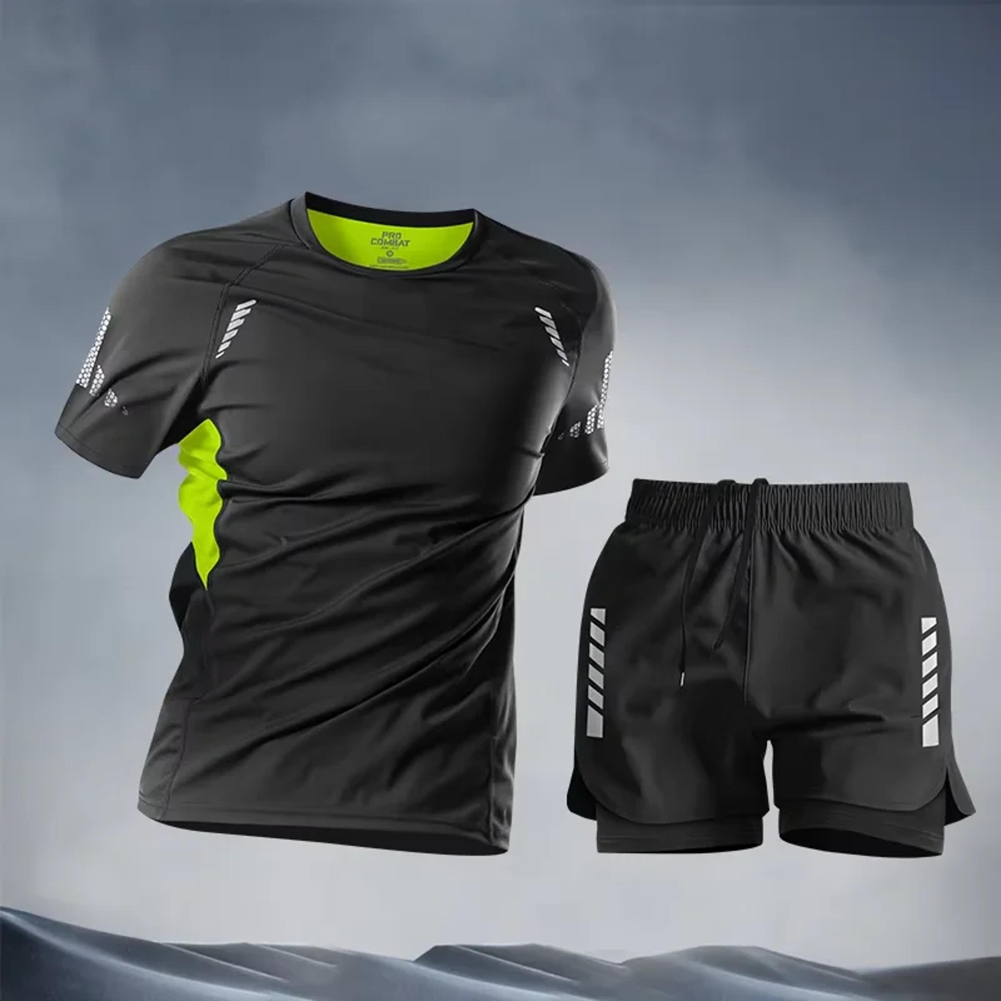 men's running set quick dry compression sportswear t shirt and shorts for training & marathon