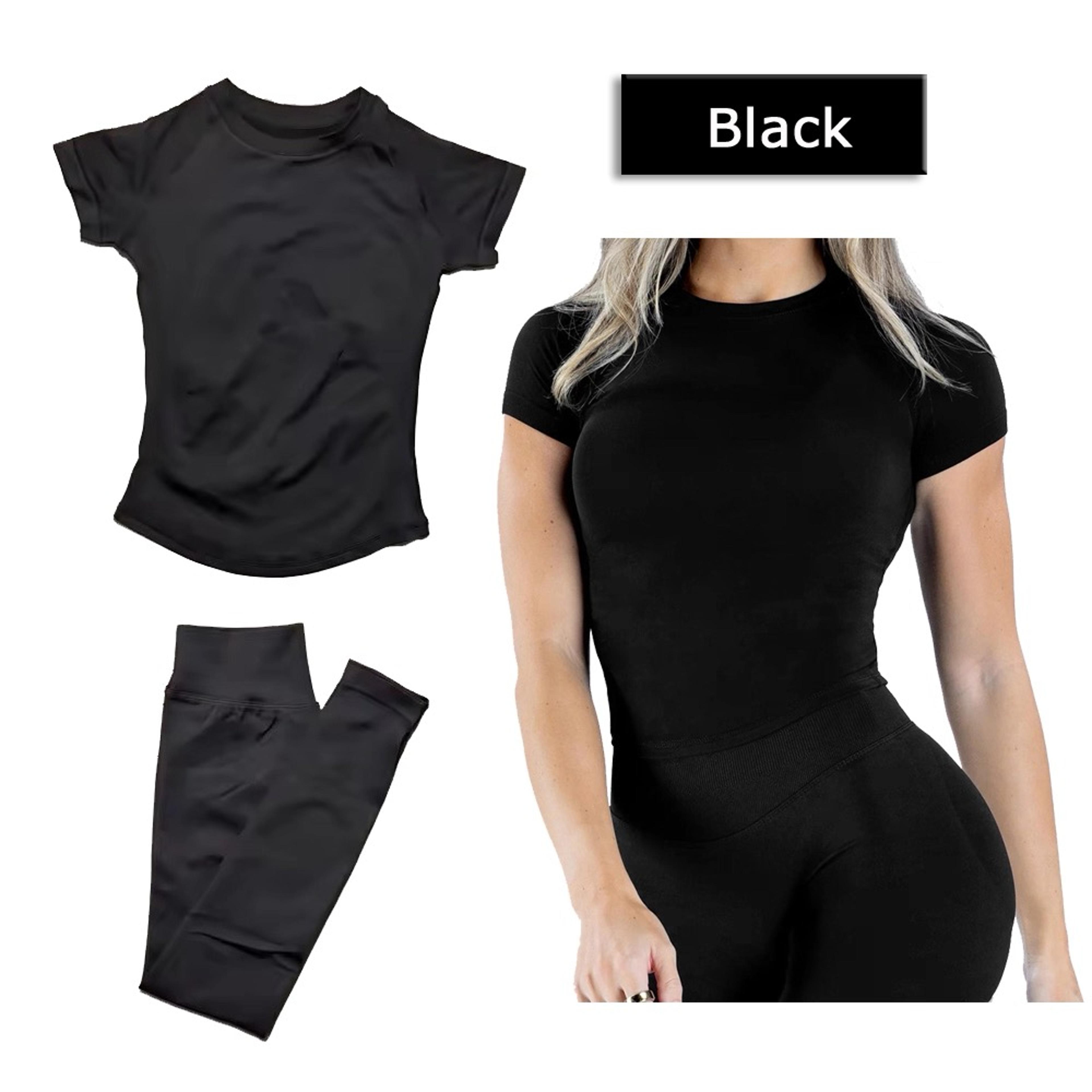 women's workout piece gym outfit with breathable crew neck top & high waist yoga leggings
