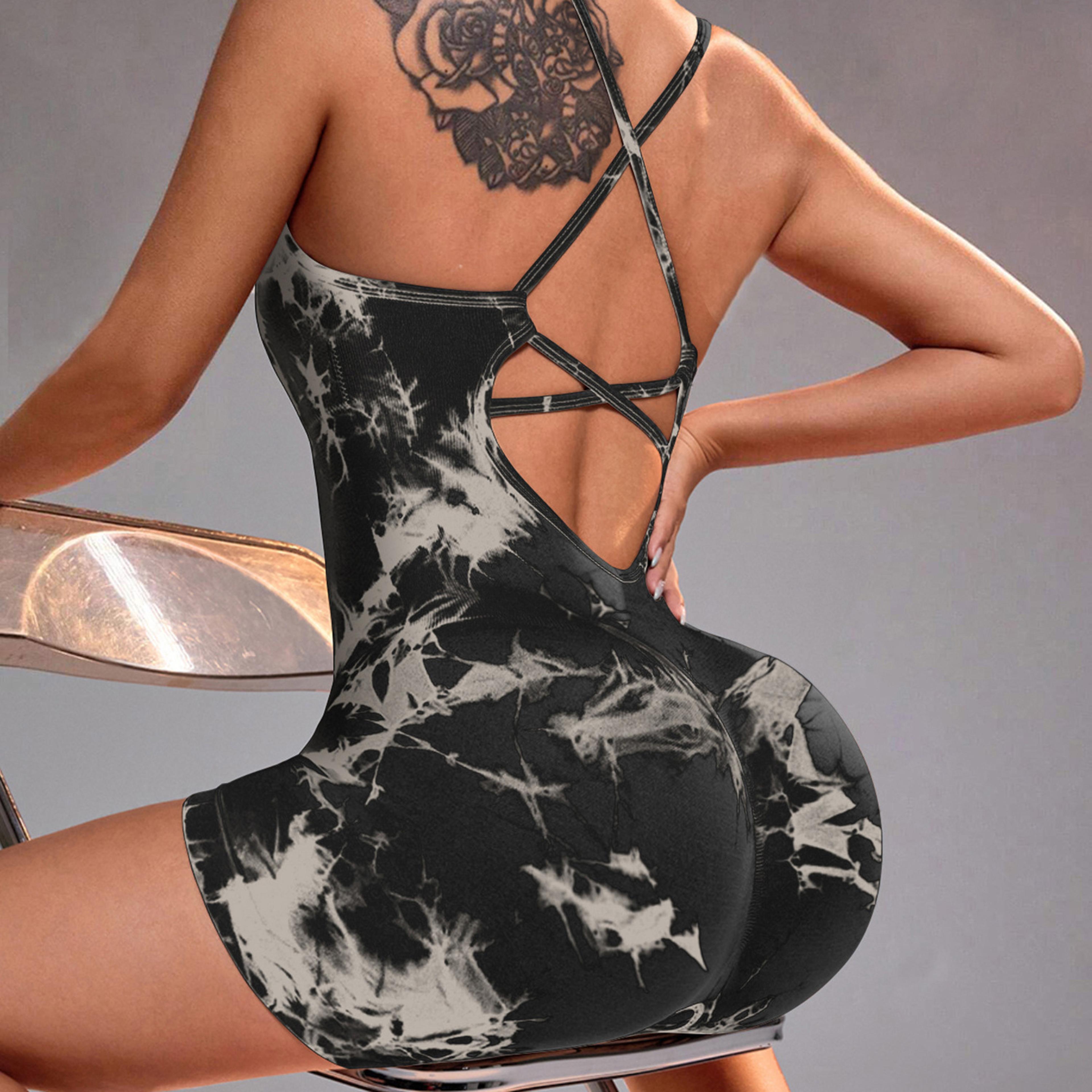seamless yoga bodysuit for women tie dye workout with strappy open back