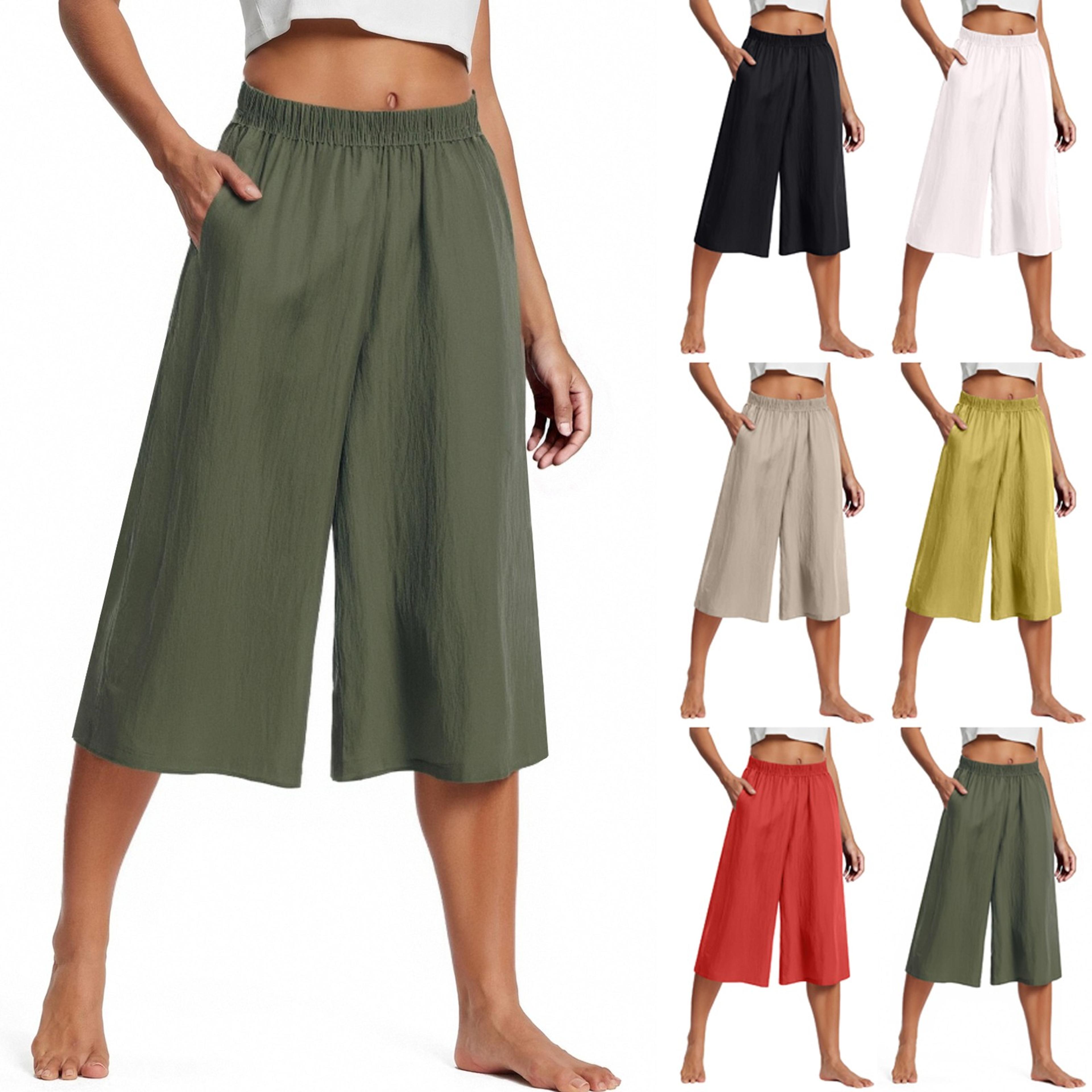 women's wide leg pants with pockets high waisted lightweight cropped capri trousers
