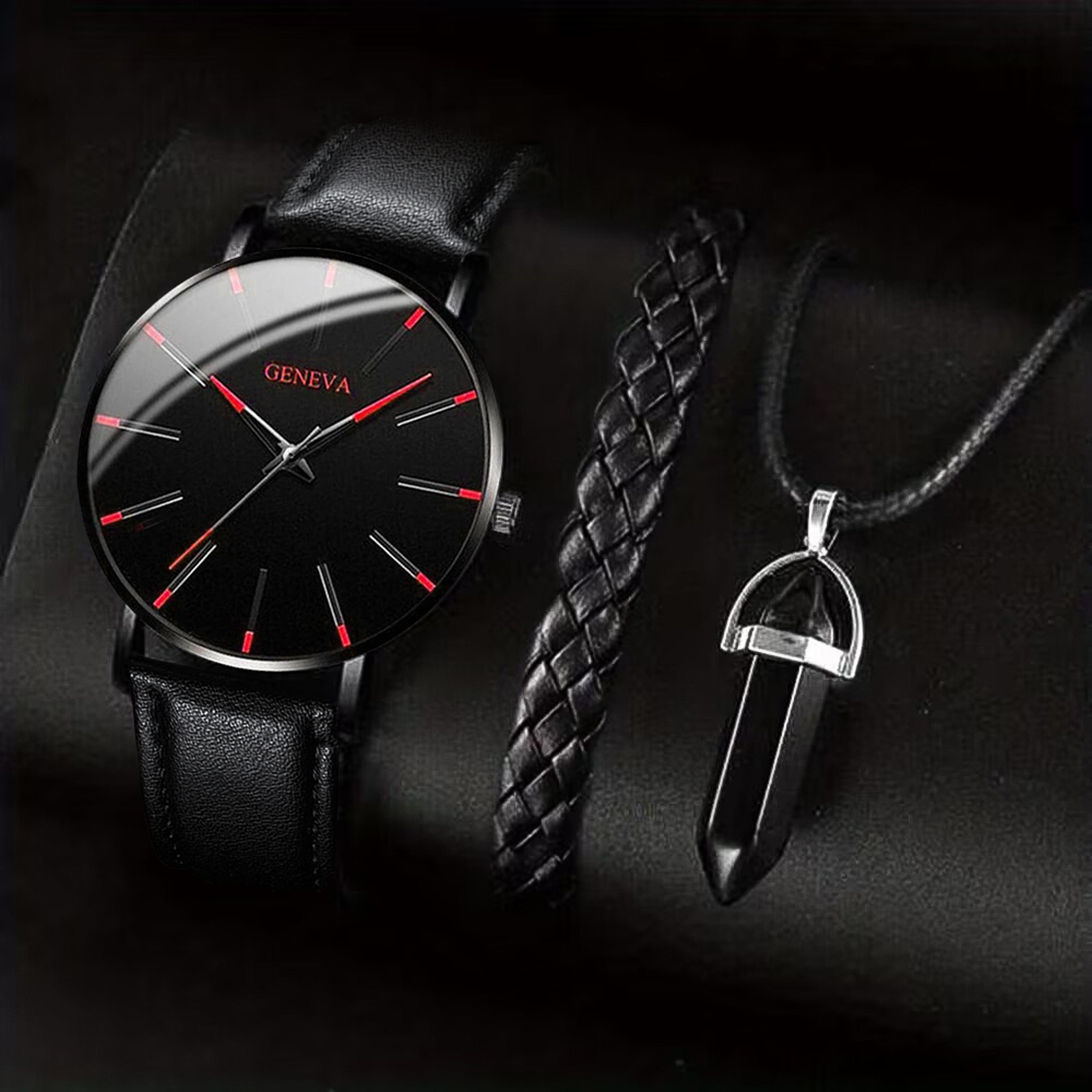 business men's watch set with leather band quartz watch, bracelet & necklace gift set
