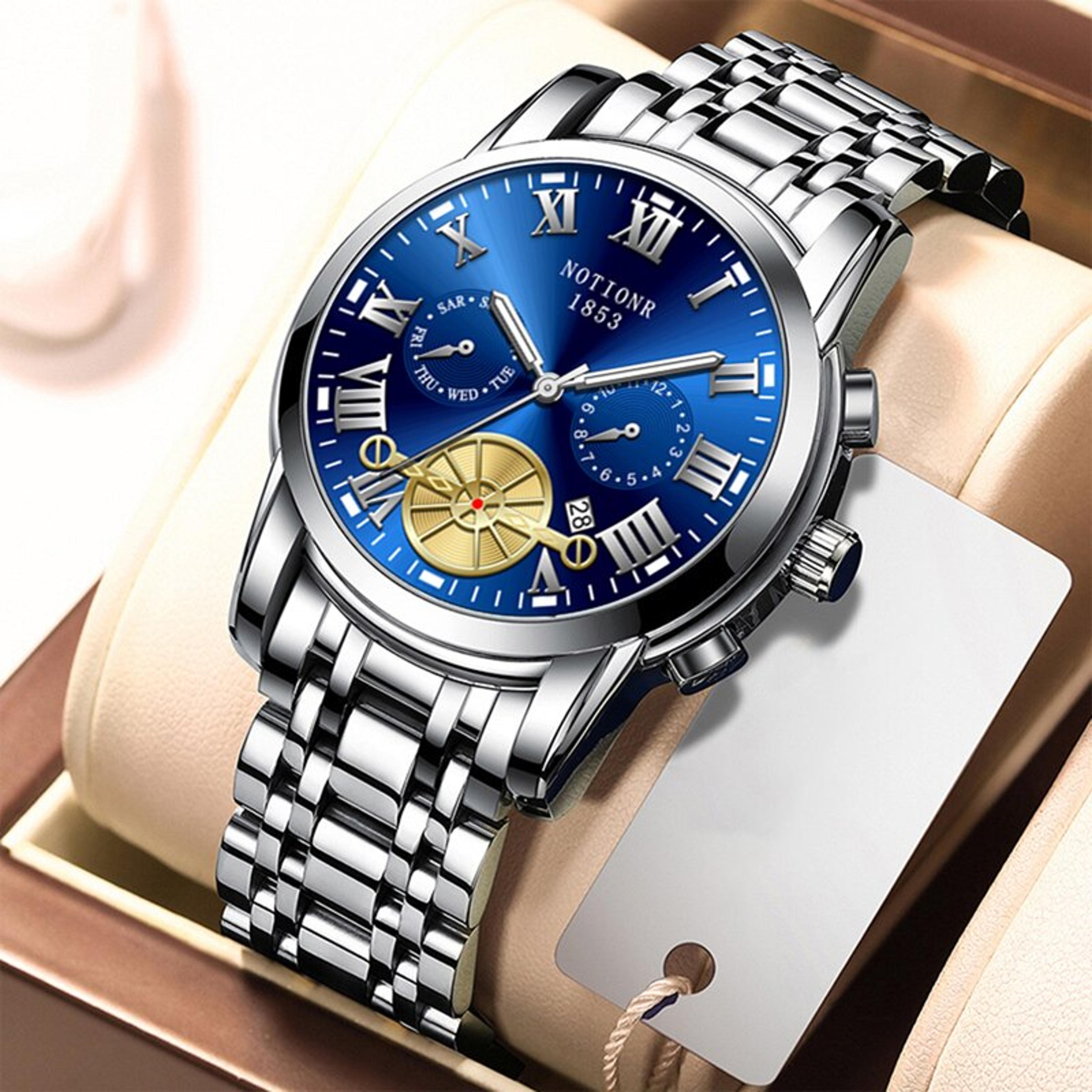 luxury men's stainless steel watch with date calendar & luminous quartz business design