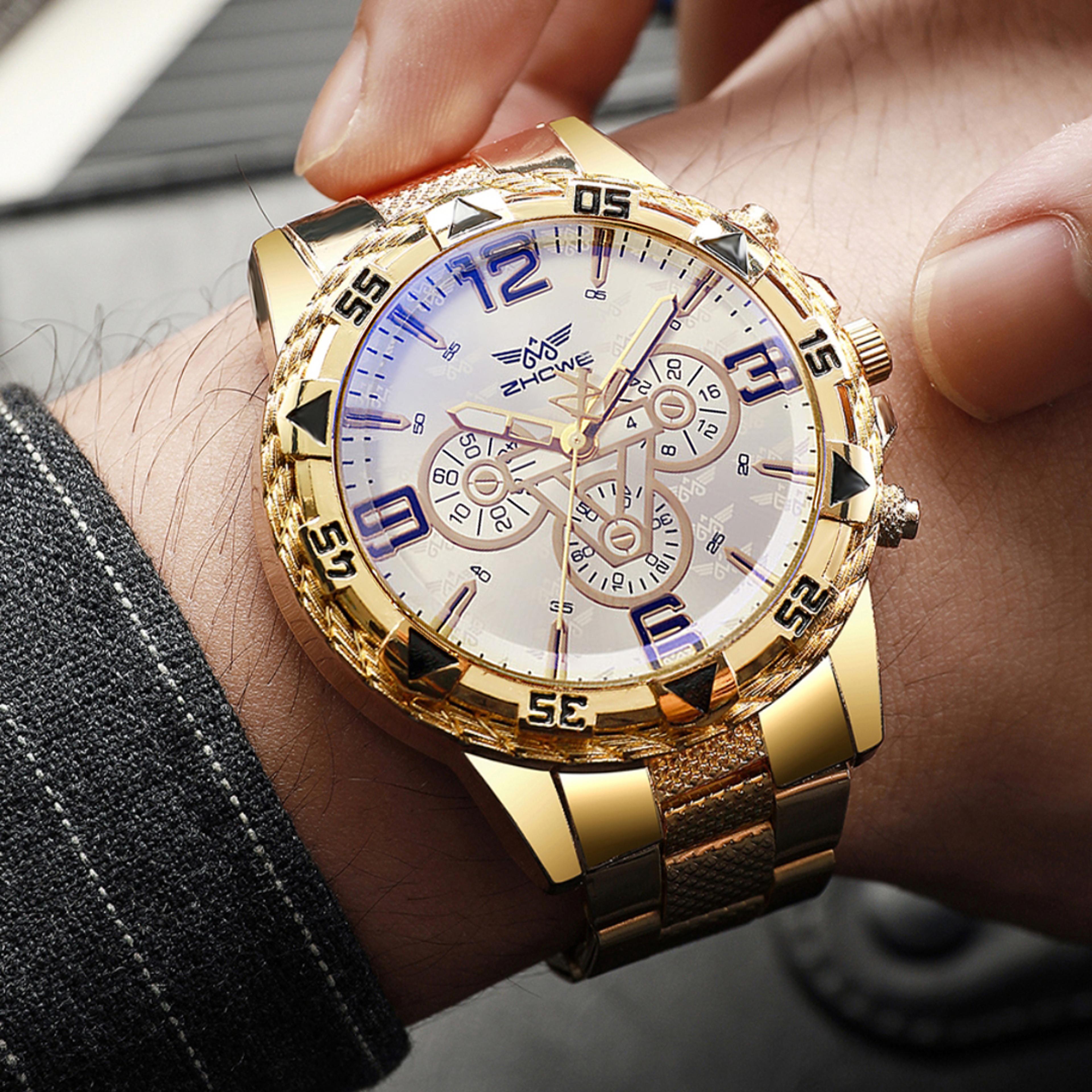 luxury gold men's watch with blue dial, stainless steel band & quartz watch movement