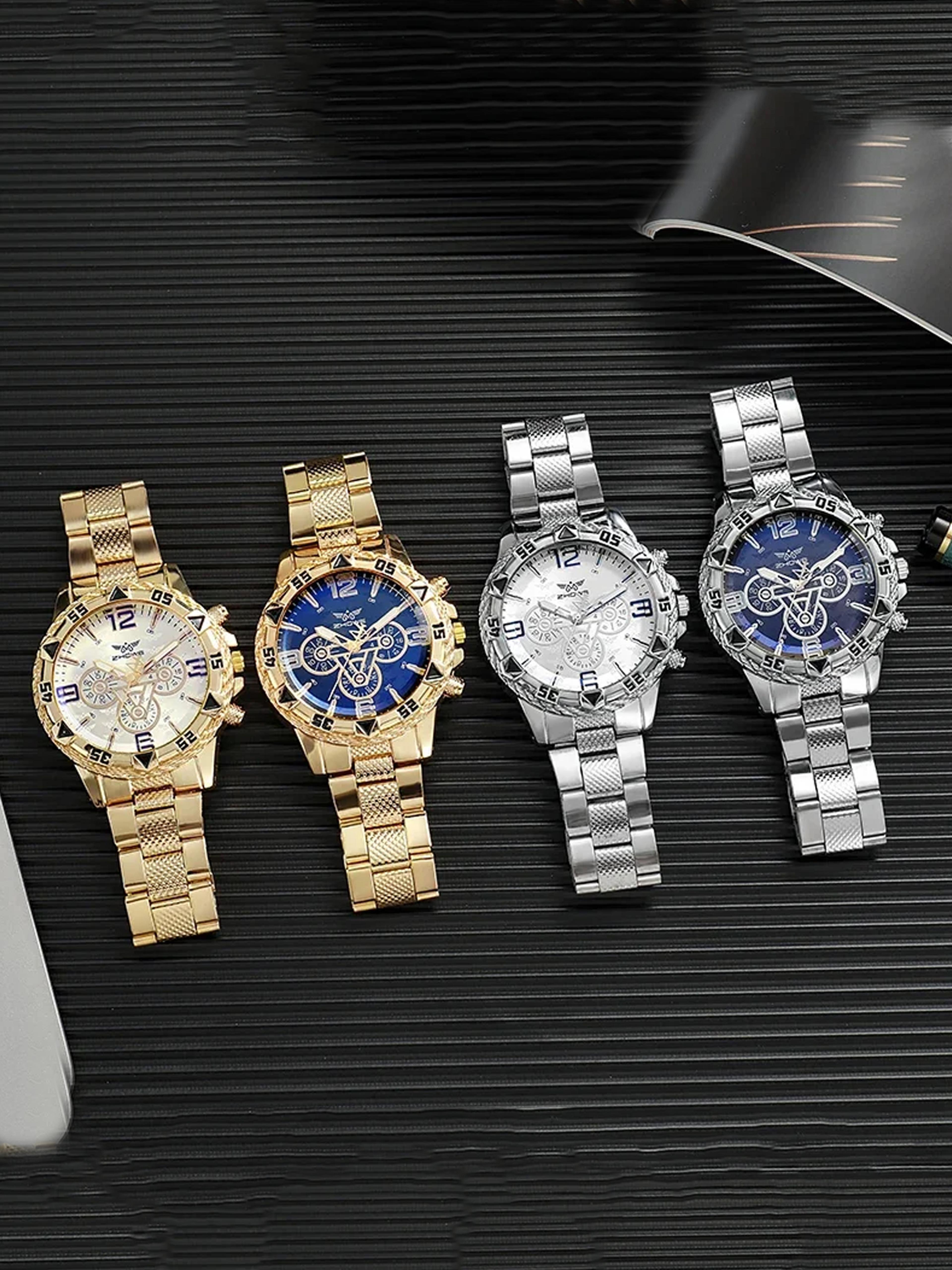 luxury men's gold watch with blue luminous dial, stainless steel strap & quartz watch movement