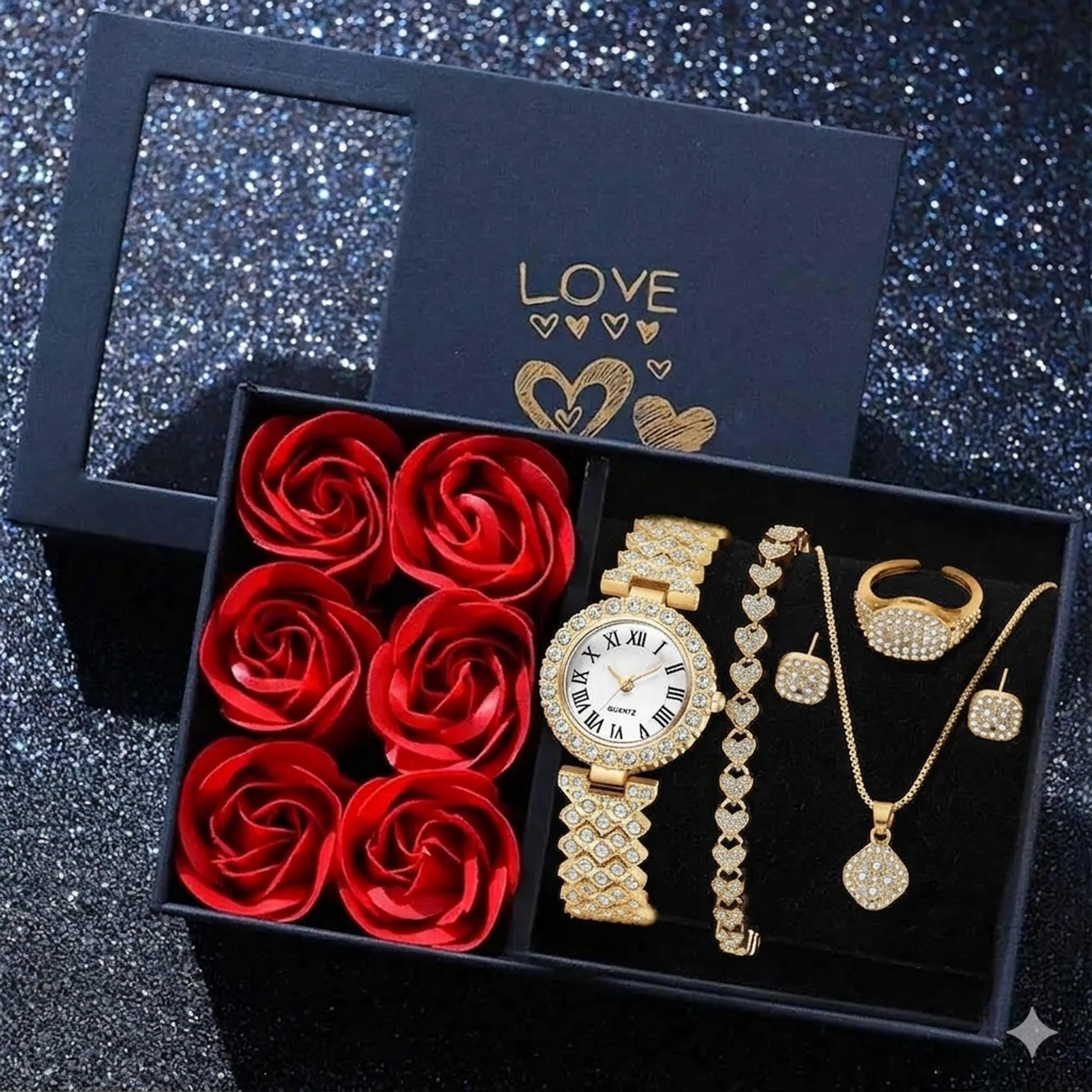 luxury women's watch set with roman numeral quartz watch & fashion jewelry gift set