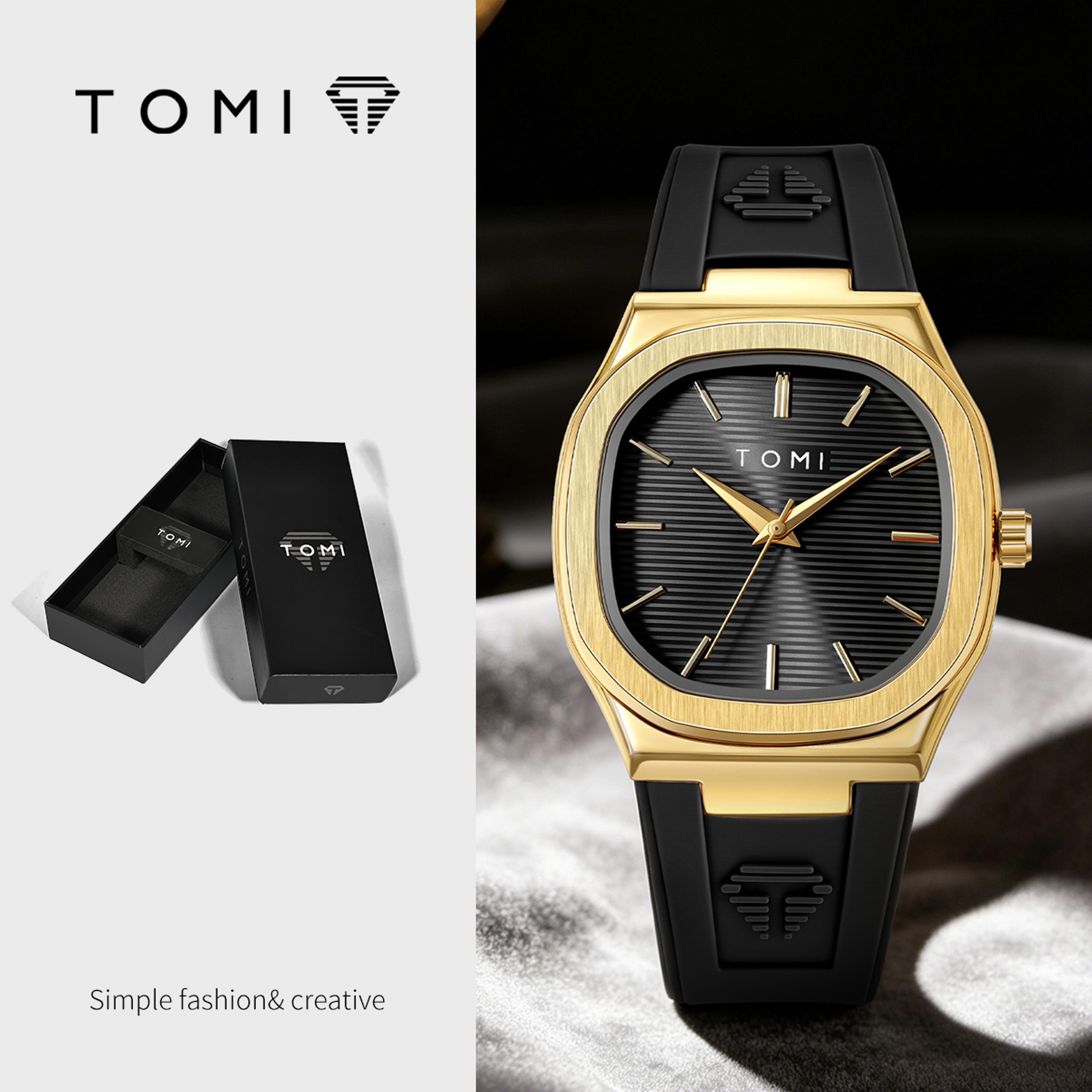 men's quartz watch with square dial waterproof rubber strap analog wristwatch