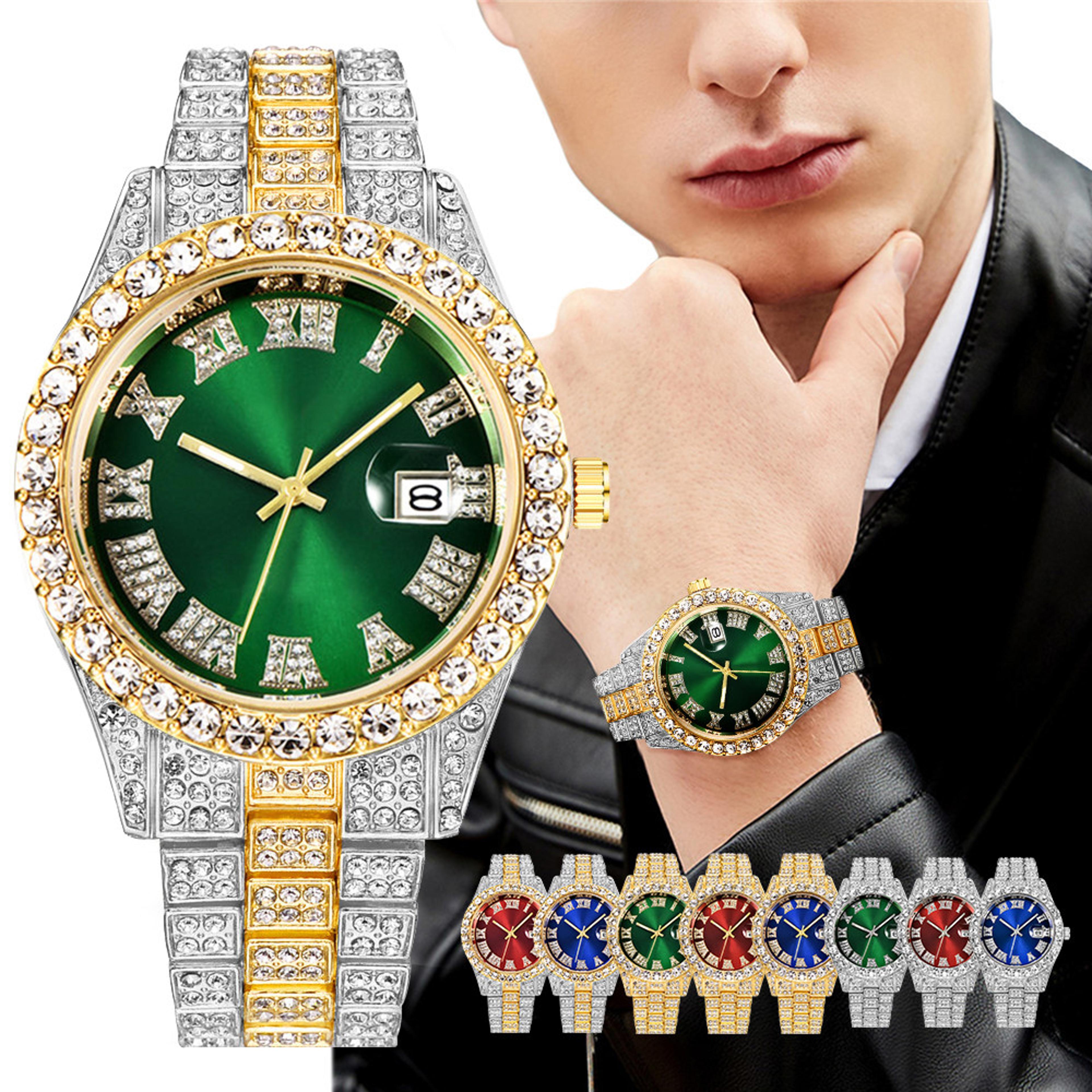 luxury men's quartz watch with steel band, calendar display & diamond style business design