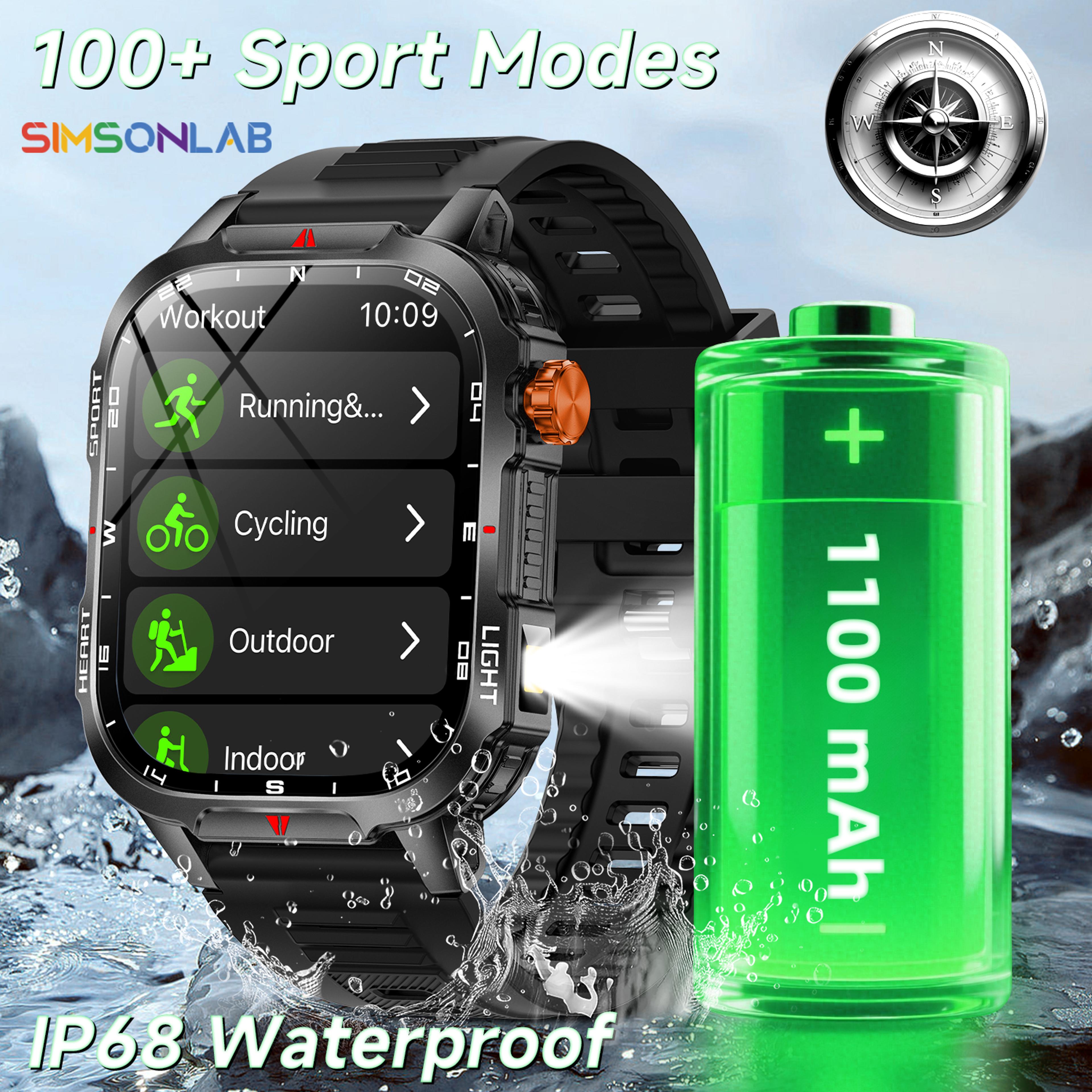 rugged outdoor smartwatch with bluetooth calling, compass, led flashlight