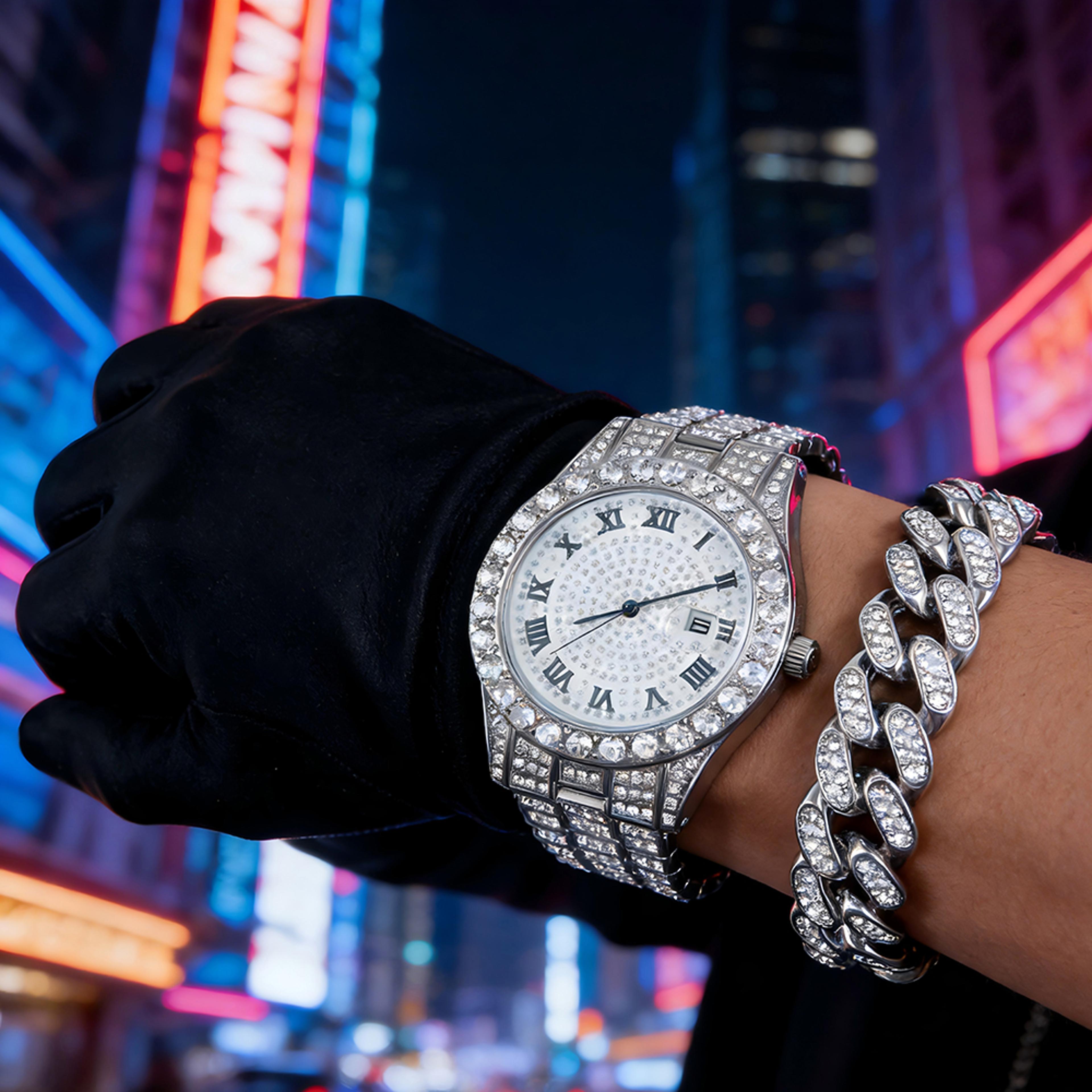 luxury iced out watch silver quartz wristwatch for men & women with full crystal shine