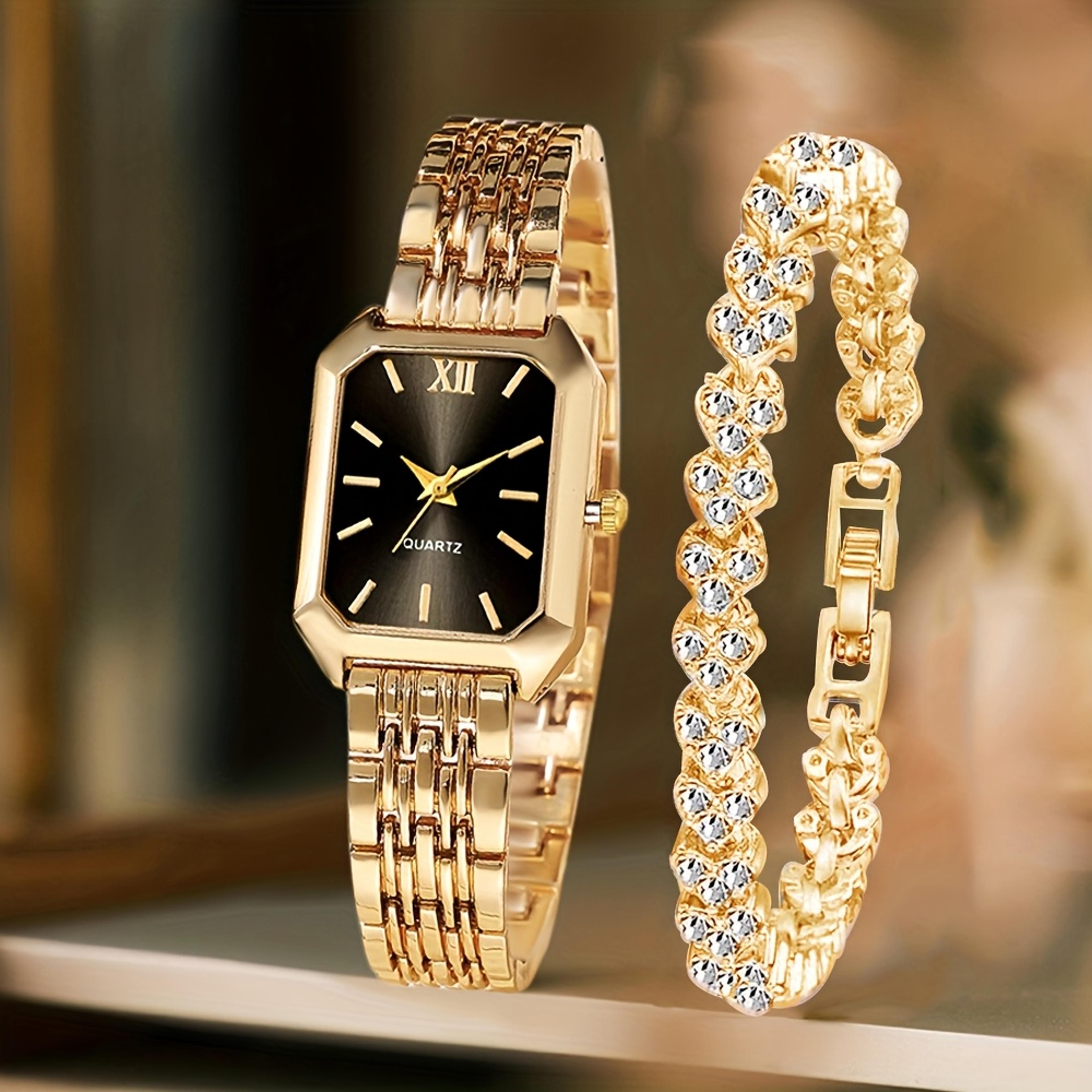 luxury women's quartz watch set with rhinestone bracelet & rectangle roman dial dress watch
