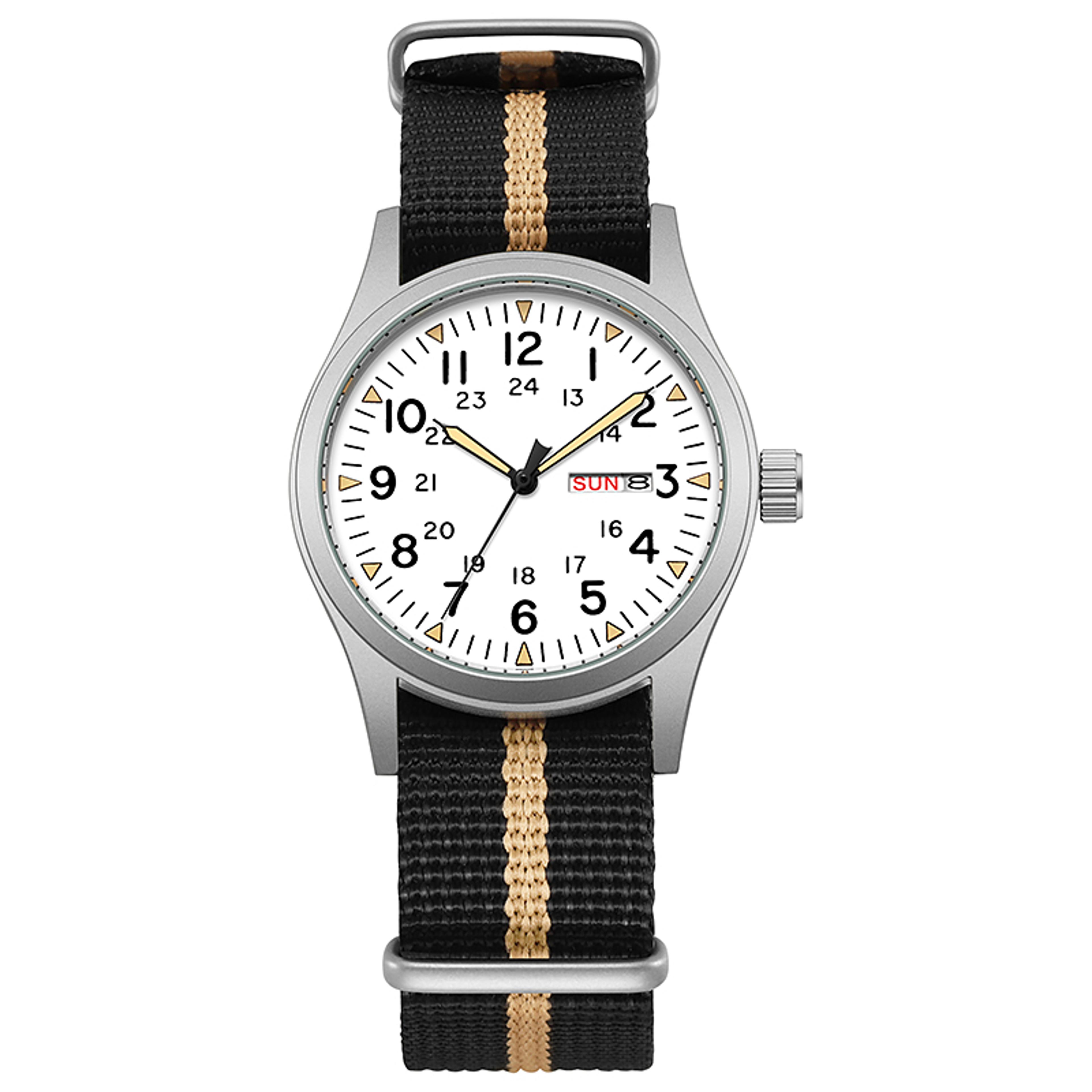 women's field watch with luminous dial, day date & fabric strap